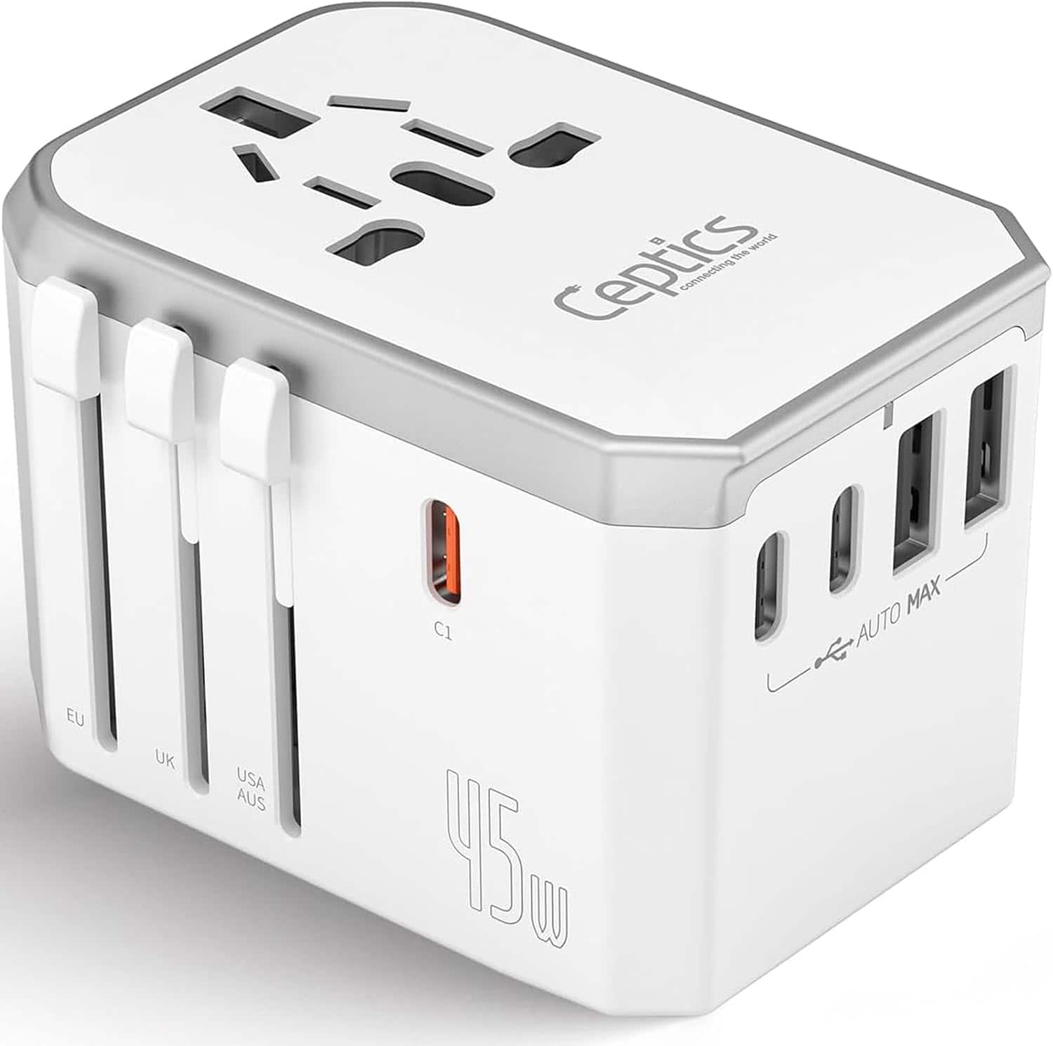 Ceptics - 6-in-1 Universal Travel Adapter with 2X USB-A and 3X USB-C, 45W for Global Use, Compatible with US, EU, UK & Mor - White price history on PriceWatchPro