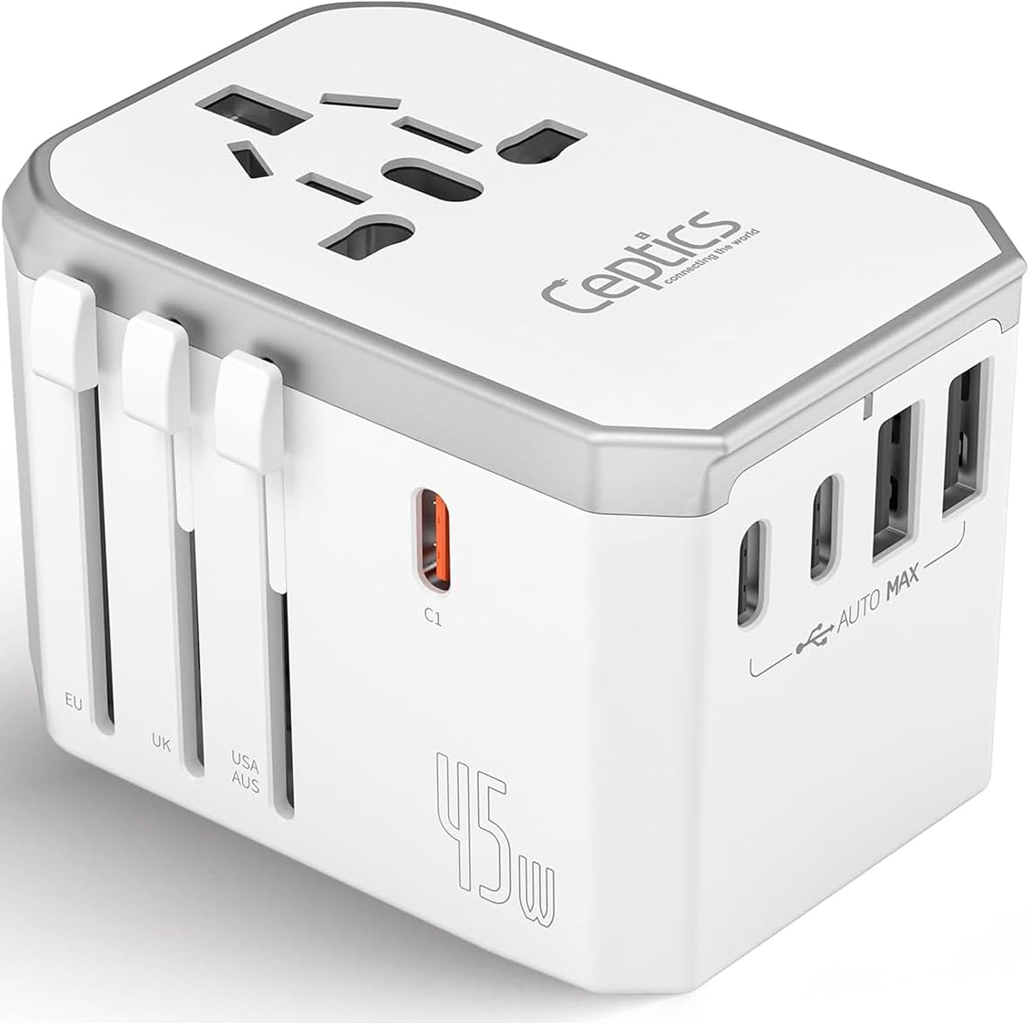 Ceptics - 6-in-1 Universal Travel Adapter with 2X USB-A and 3X USB-C, 45W for Global Use, Compatible with US, EU, UK & Mor - White