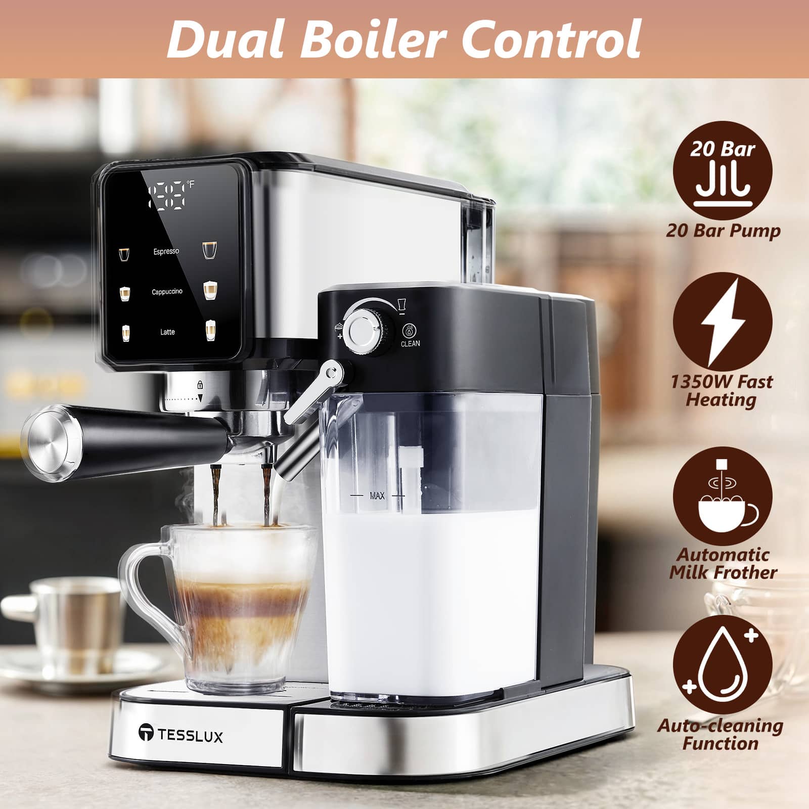 tesslux Espresso and Cappuccino Machine, 20 Bar Dual Boiler Latte