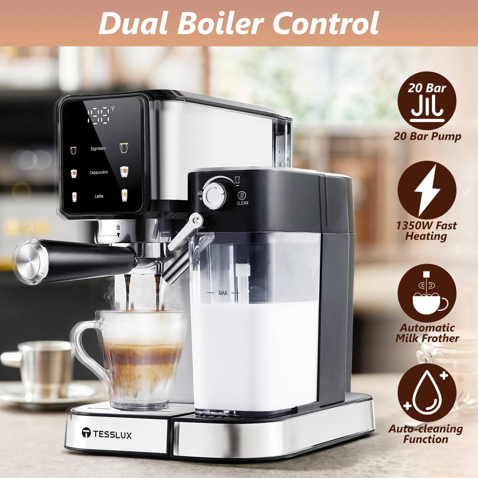 Dual Boiler Control

- 20 Bar Pump
- 1350W Fast Heating
- Automatic Milk Frother
- Auto-clean Function
