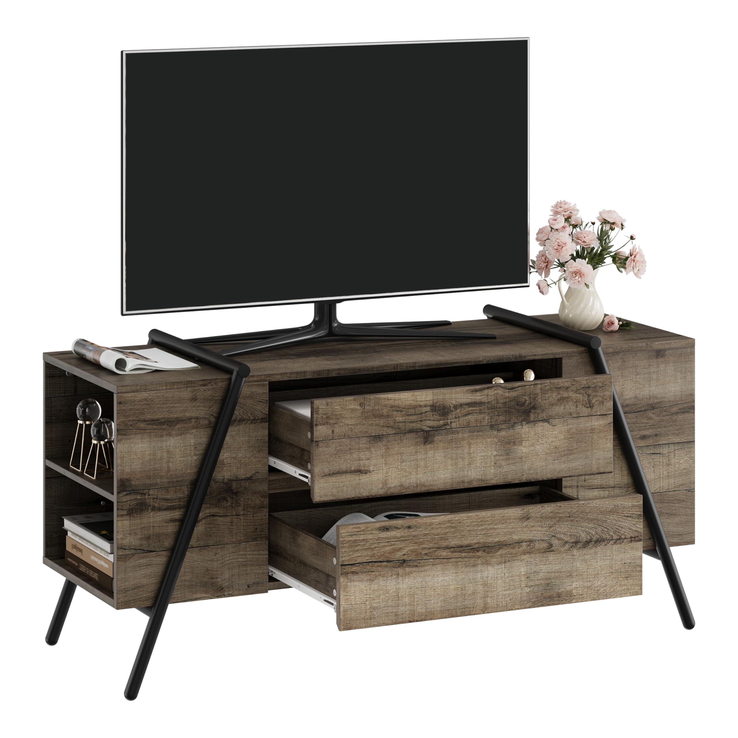 Angle. Qeetex - 47" Mid-Century TV Stand for 50–55" TVs, Media Console with Adjustable Shelf, 2 Drawers & U-Shaped Metal Legs - Gray.