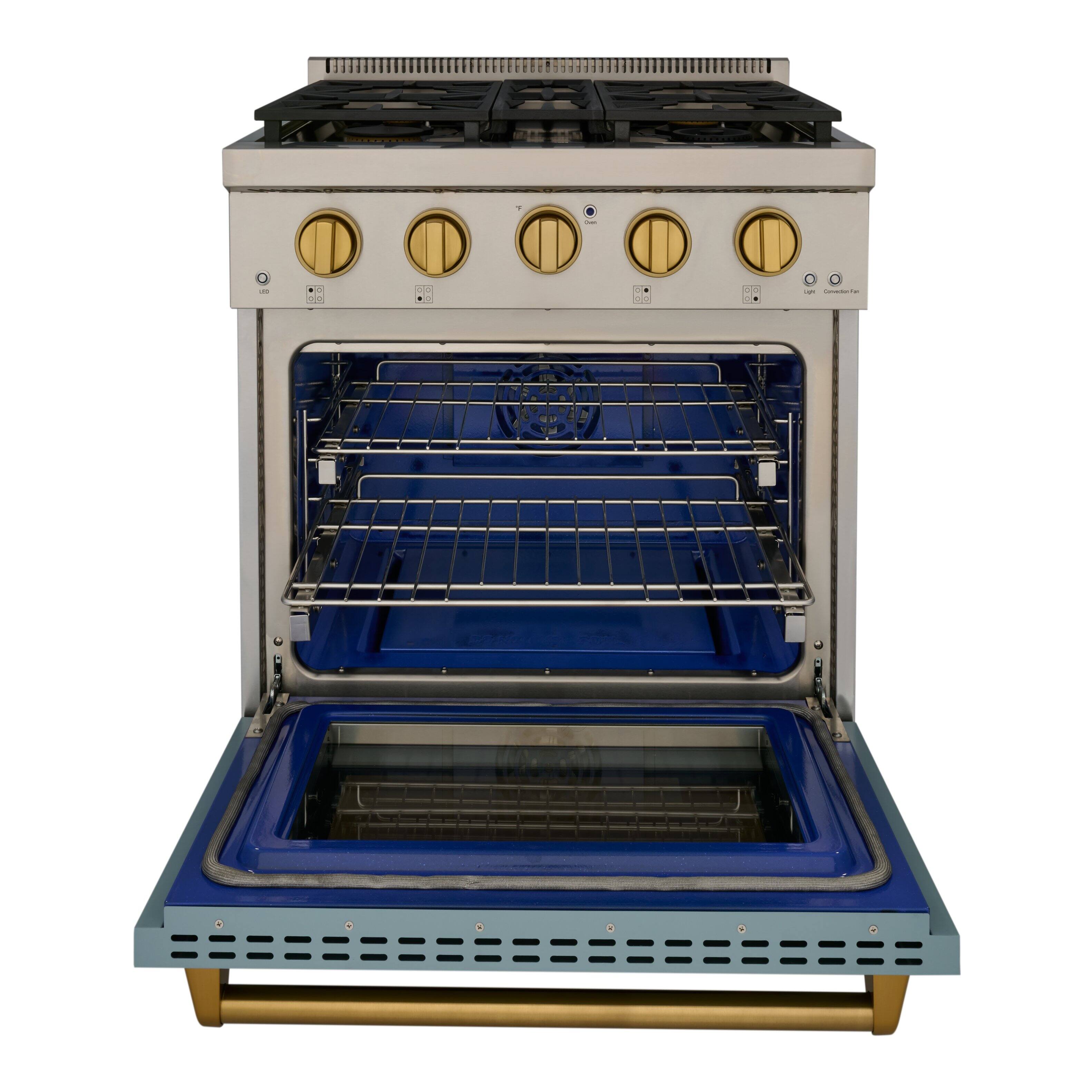 Alt View 1. Kucht - 30 in. 4.2 cu. ft. Natural Gas Range and Convection Oven in Light Blue with gold knobs and True Simmer Burners - Light Blue.