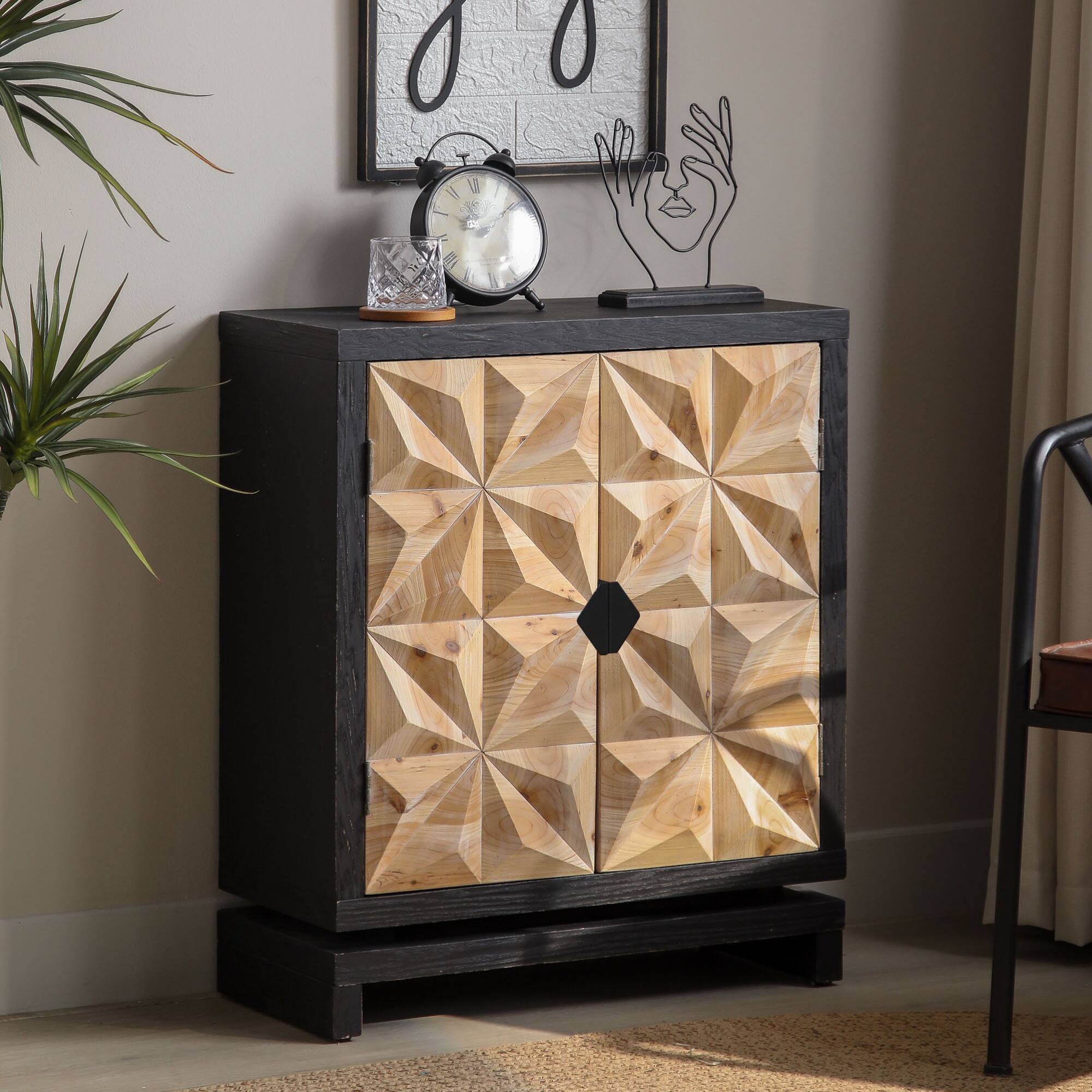 Left. GOODSILO - Modern Geometric Carved Double-Door Storage Cabinet with Elegant Design and Ample Space - Black+Natural.