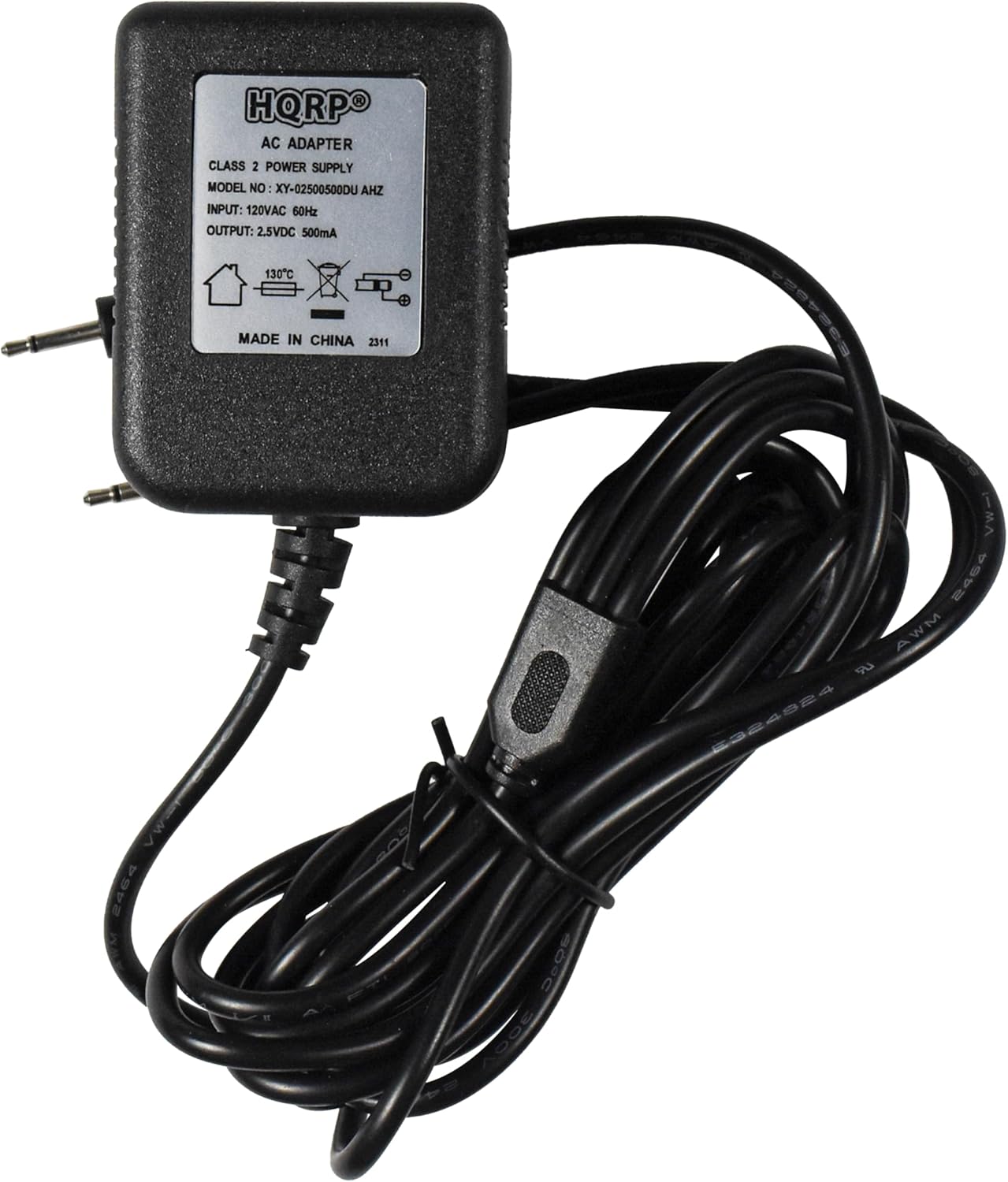 HQRP AC ADAPTER CLASS 2 POWER SUPPLY MODEL NO: XY-02500500DU AHZ  
INPUT: 120VAC 60Hz  
OUTPUT: 2.5VDC 500mA  
130°C  
MADE IN CHINA  
2311  

W Sved SOC U00 VW 2464 AWM 2024824
