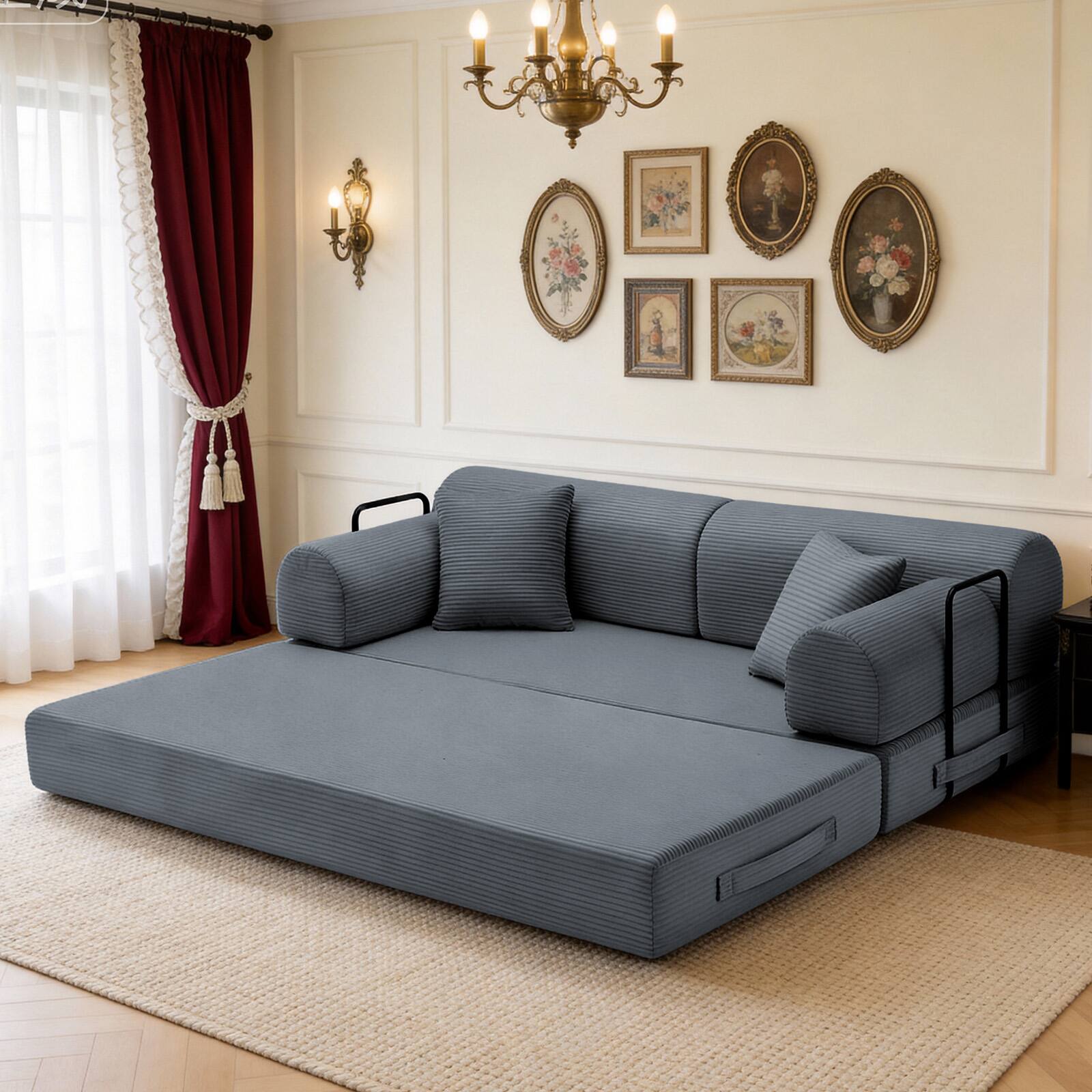 Back. Anysun - Corduroy Convertible Sleeper Sofa Bed - Folding Mattress Couch with Fixed Frame for Living Room & Bedroom - Dark Grey.