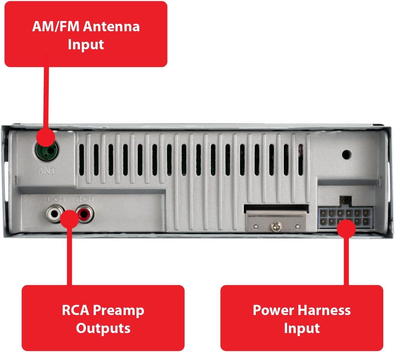 AM/FM Antenna Input  
RCA Preamp Outputs  
Power Harness Input
