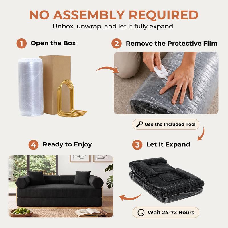 NO ASSEMBLY REQUIRED  
Unbox, unwrap, and let it fully expand

1. Open the Box
2. Remove the Protective Film
3. Let It Expand
4. Ready to Enjoy

Use the Included Tool  
Wait 24-72 Hours