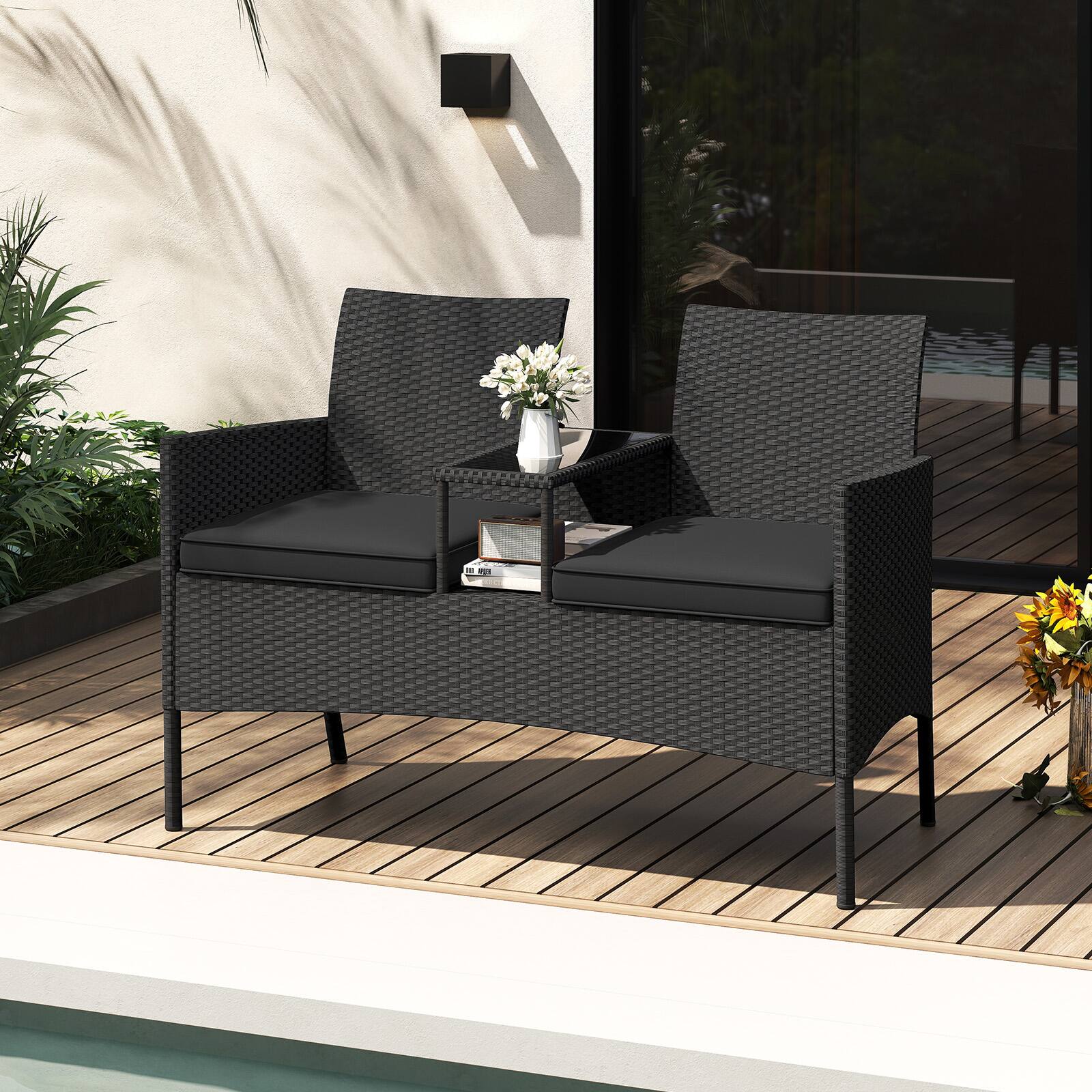Alt View 4. Costway - Costway Patio Loveseat with Built-in Table Soft Cushions & Tempered Glass Tabletop - Black + Black.