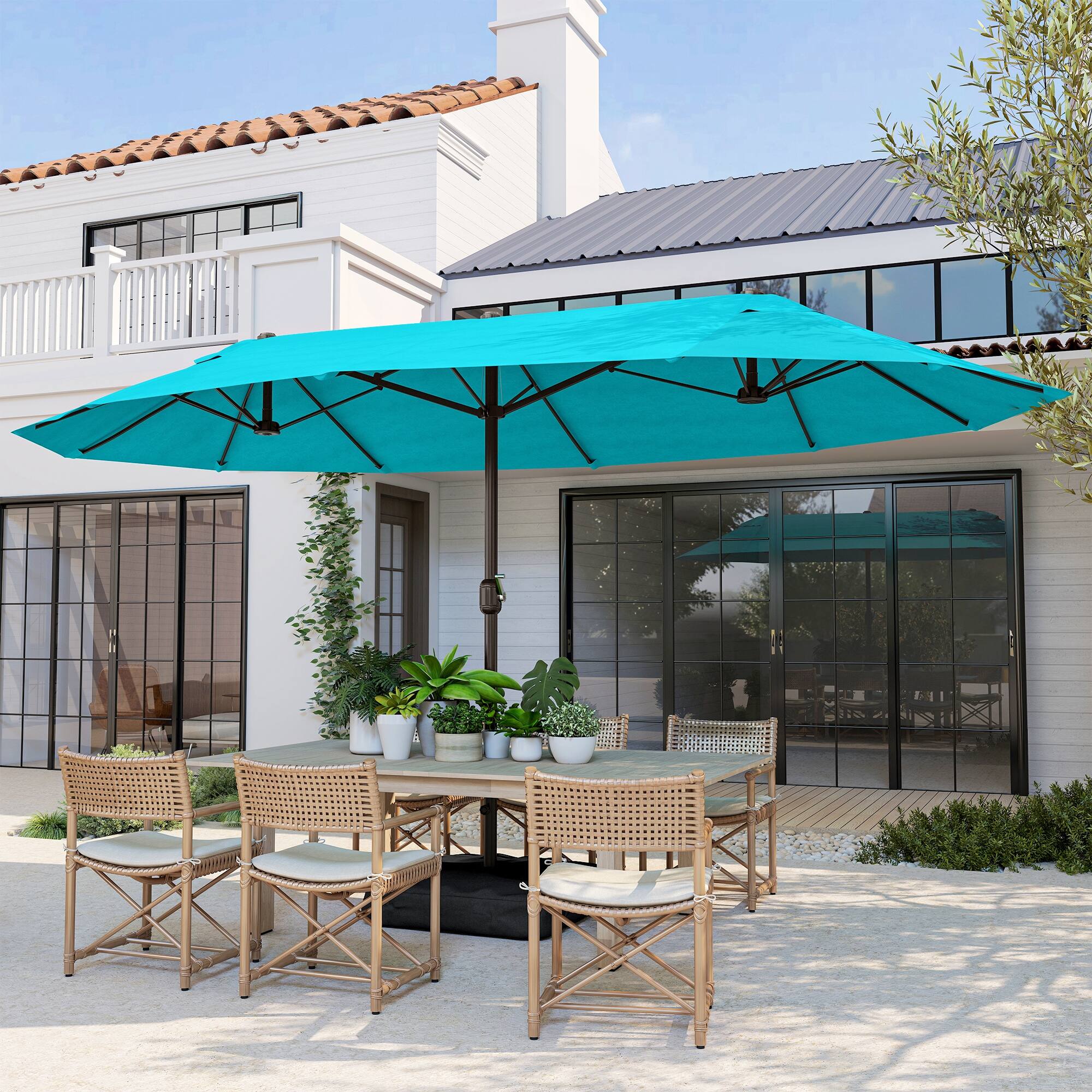 Alt View 8. Outsunny - Umbrella, 15' Steel Rectangular Outdoor Double Sided Market Umbrella with Base - Blue.
