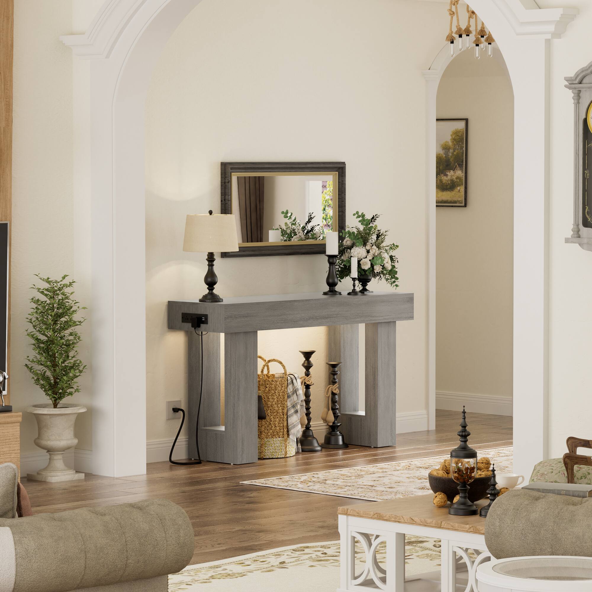 Alt View 2. Aheaplus - 47" Farmhouse Narrow Console Table - Socket, Sensor Light & Storage for Entryway/Hallway/Living Room - White Oak.