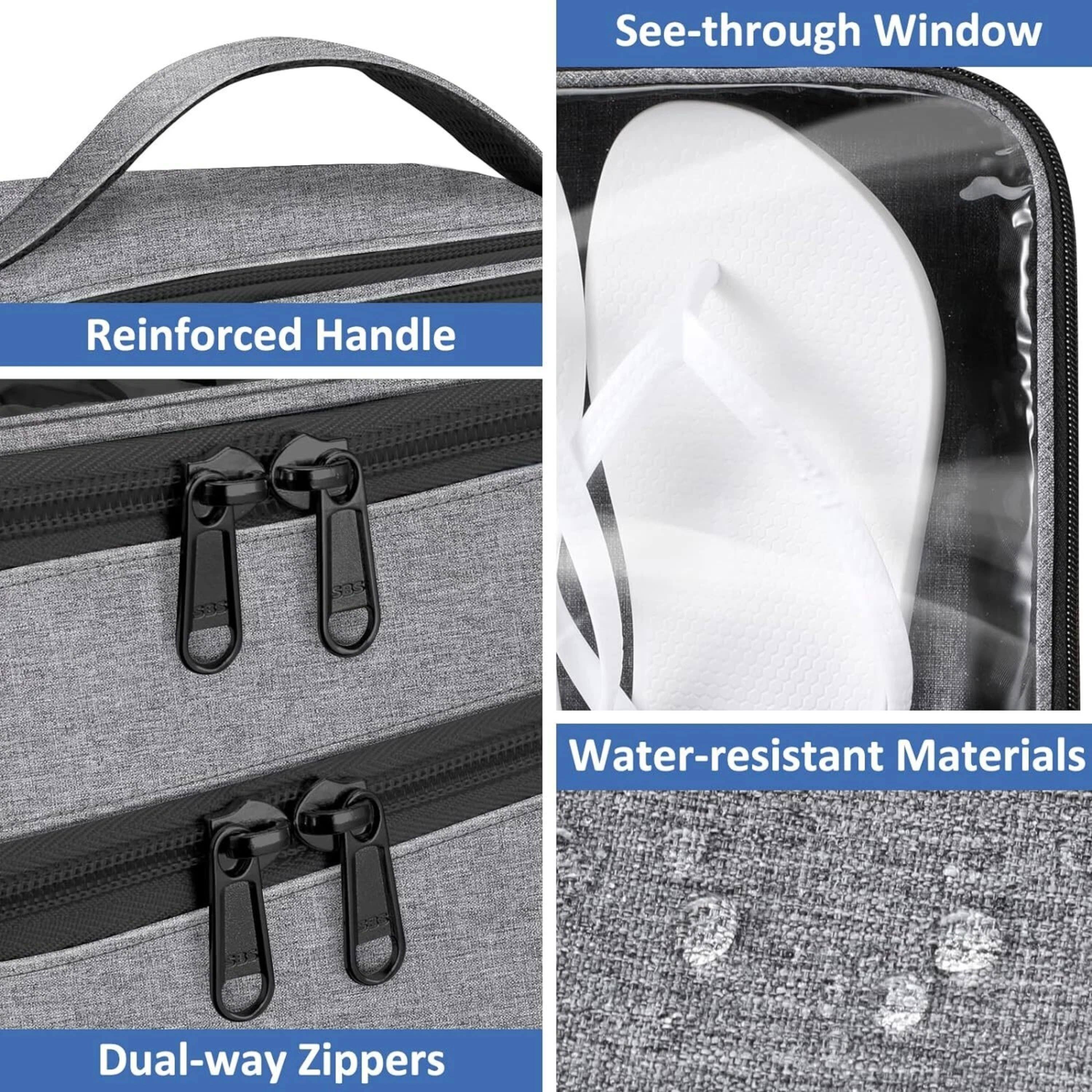 See-through Window  
Reinforced Handle  
Water-resistant Materials  
Dual-way Zippers