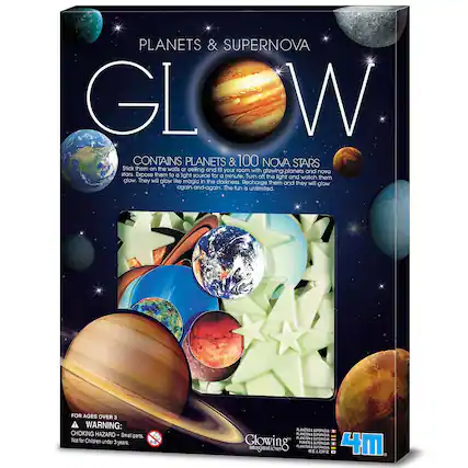 PLANETS & SUPERNOVA GLW CONTAINS PLANETS & 100 NOVA STARS Stick them on the walls or ceiling and fill your room with glowing planets and nova stars. Expose them to a light source for 1 minute. Turn off the light and watch them glow. They will glow like stars in the darkness. Recharge them and they will glow again and again. The fun is unlimited. FOR AGES OVER 3. A WARNING: CHOKING HAZARD. Small parts. Not for children under 3 years.