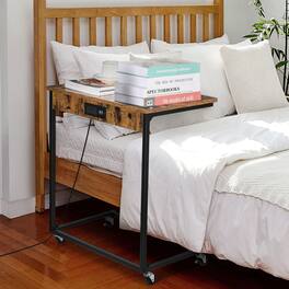 Oumilen - C-Shaped Side Table with Charging Station & Wheels - Rustic Brown