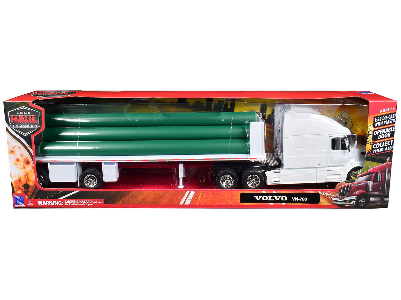 LONG HAUL TRUCKER  
AGES 8+  
1:32 DIE-CAST WITH PLASTIC OPENABLE DOOR  
COLLECT THEM ALL  

WARNING: CHOKING HAZARD - small parts not for children under 3 years  

VOLVO VN-780