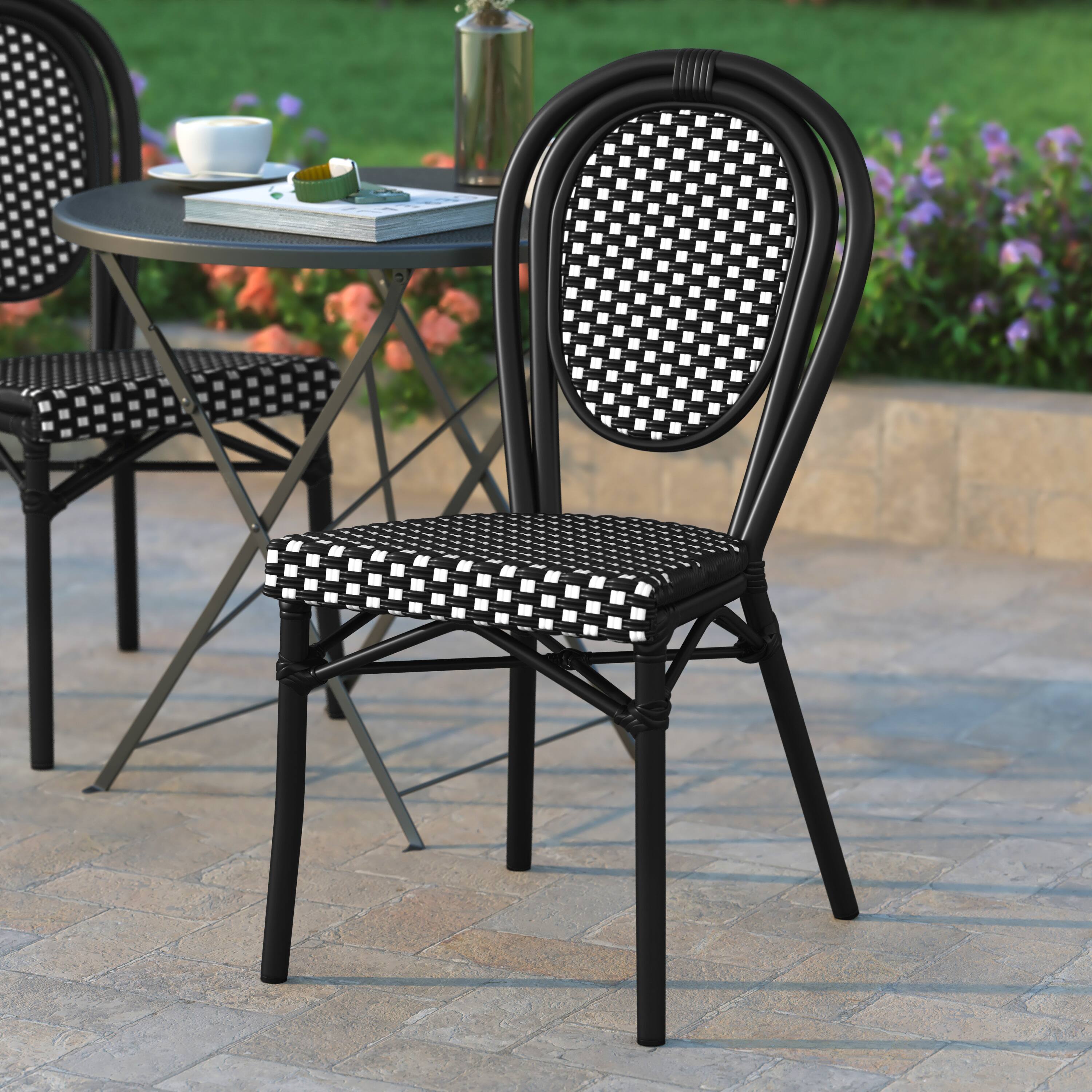Alt View 3. Emma + Oliver - Colmar Indoor/Outdoor Stacking Thonet Bistro Style Chair with PE Rattan Seat and Metal Frame - Black & White/Black Frame.