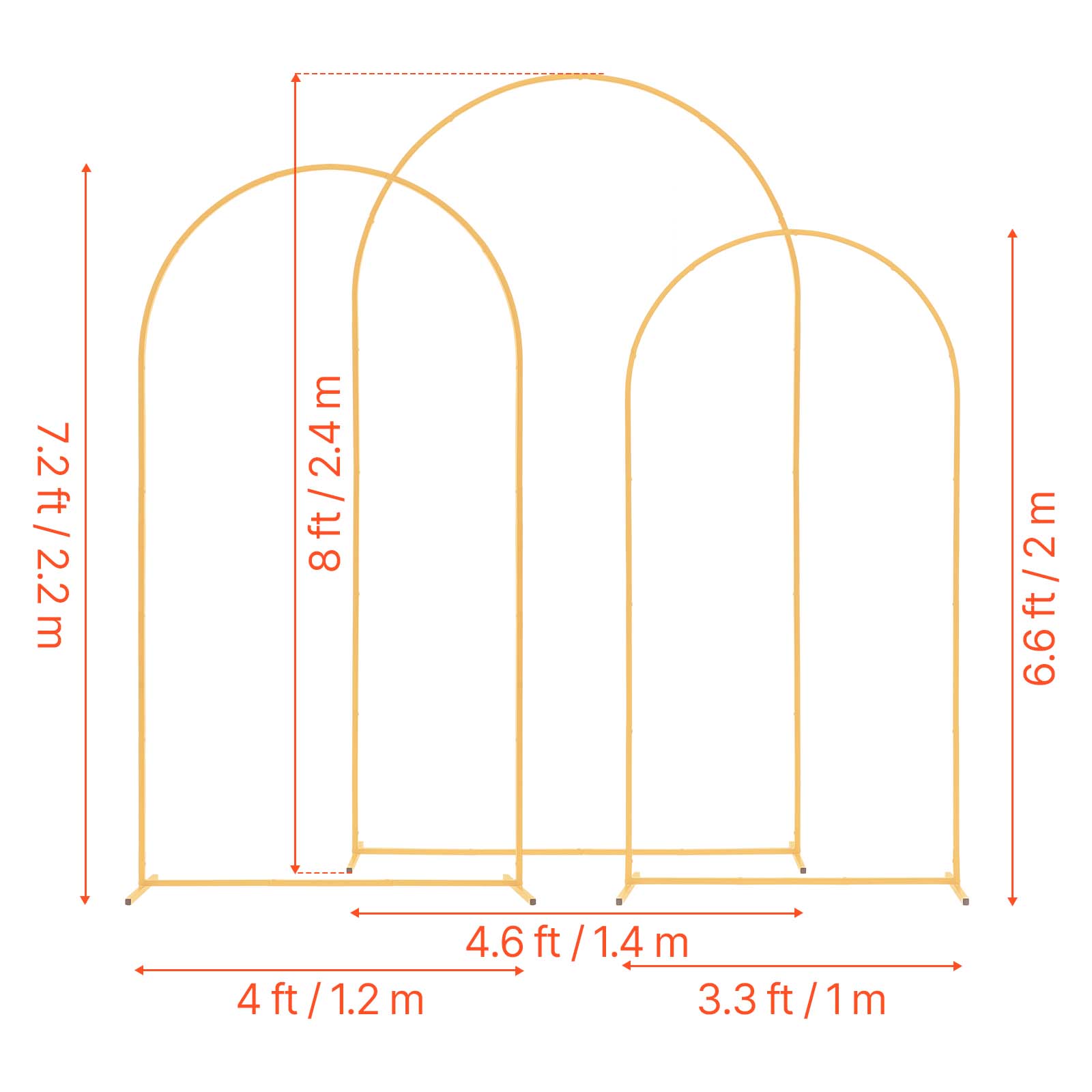 7.2 ft / 2.2 m  
8 ft / 2.4 m  
6.6 ft / 2 m  
4.6 ft / 1.4 m  
4 ft / 1.2 m  
3.3 ft / 1 m