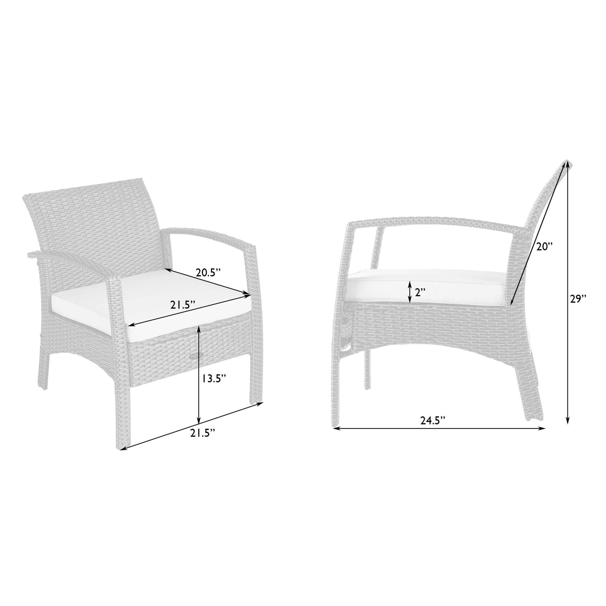 The text on the image reads: "20" 20.5" 21.5" 2" 29" 13.5" 21.5" 24.5". This text is describing the dimensions of the two chairs, with the first chair being 20 inches in width, 20.5 inches in height, and 21.5 inches in depth. The second chair is 29 inches in width, 13.5 inches in height, and 21.5 inches in depth.