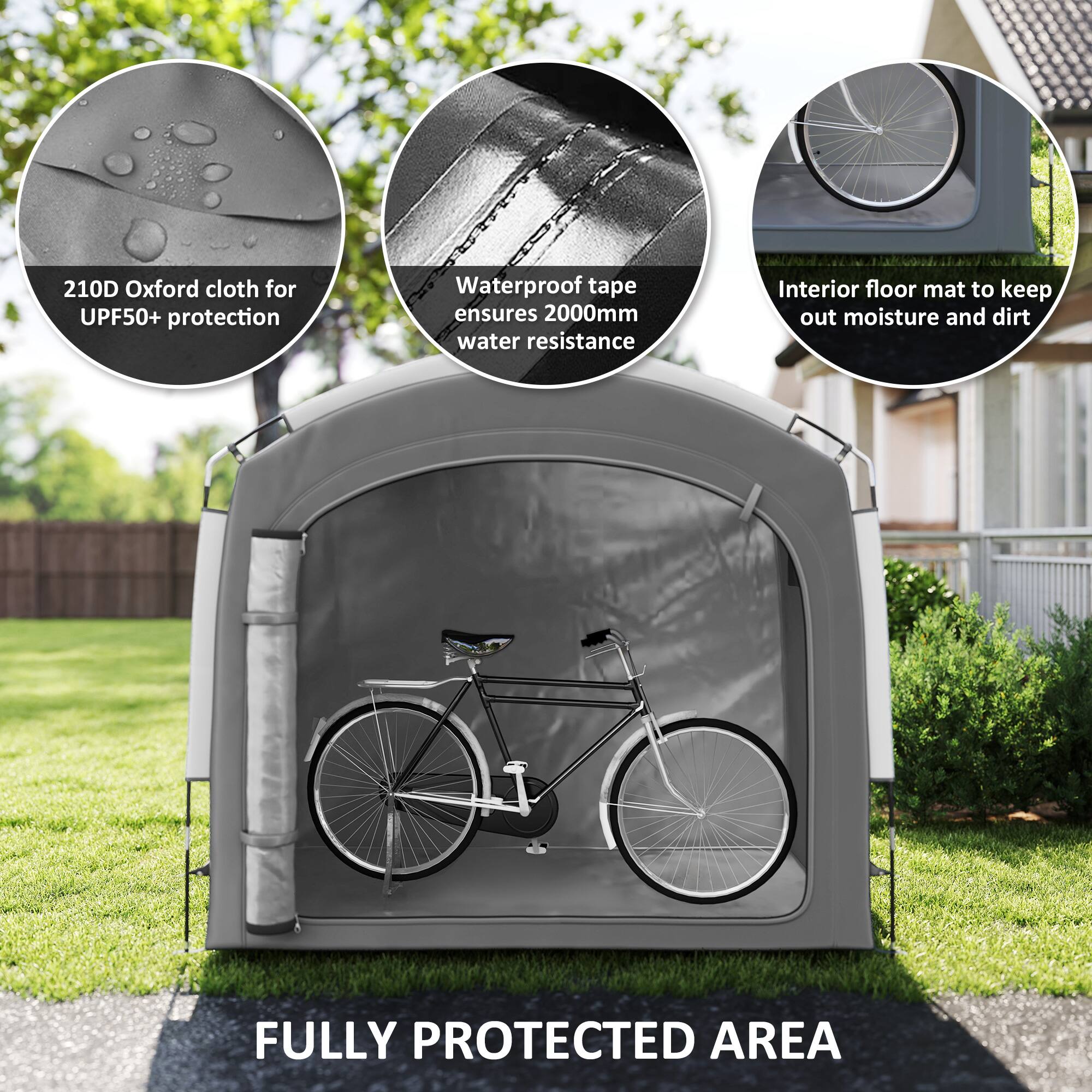 210D Oxford cloth for UPF50+ protection  
Waterproof tape ensures 2000mm water resistance  
Interior floor mat to keep out moisture and dirt  
FULLY PROTECTED AREA