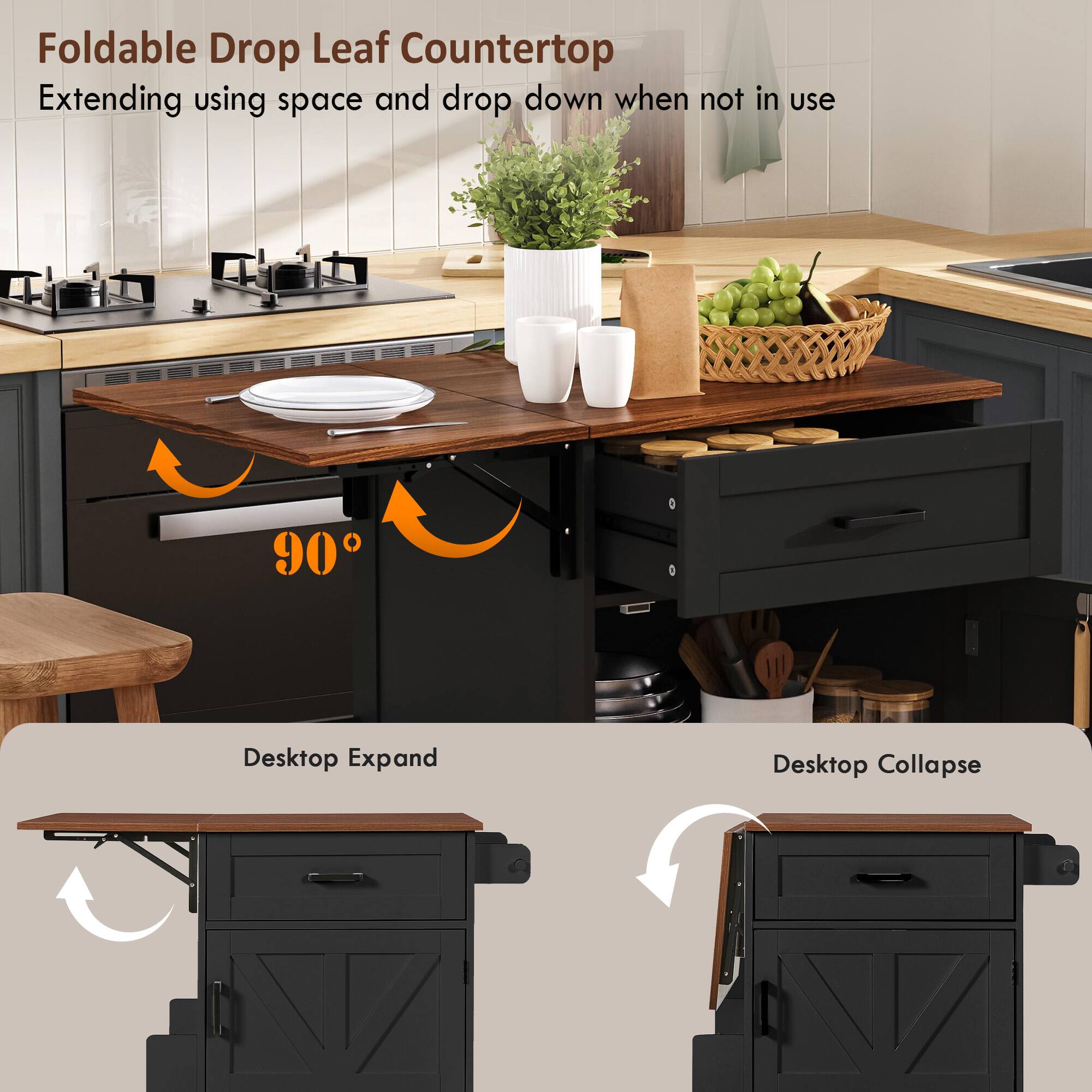 Foldable Drop Leaf Countertop  
Extending using space and drop down when not in use  

Desktop Expand  
Desktop Collapse