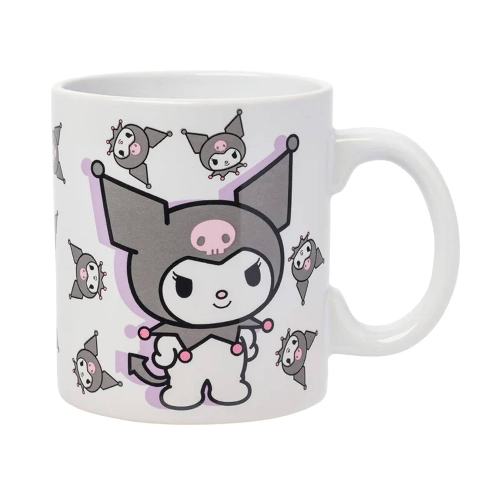 Front. Silver Buffalo - Sanrio Kuromi Naughty Poses 20 Ounce Ceramic Mug - Grey.