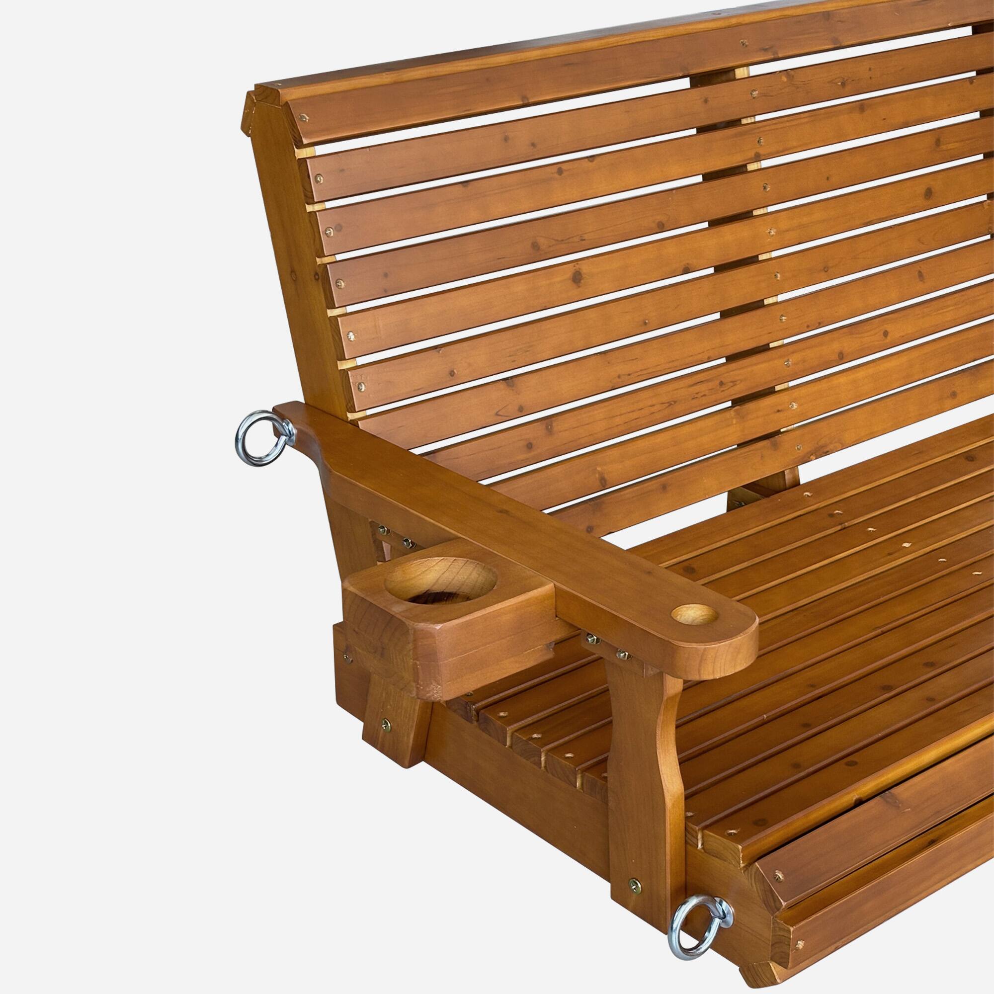 Alt View 3. Fortune Candy - Wooden Porch Swing with Cupholder,  4 ft Outdoor Swing with Hanging Chains for Garden - Teak Tone.