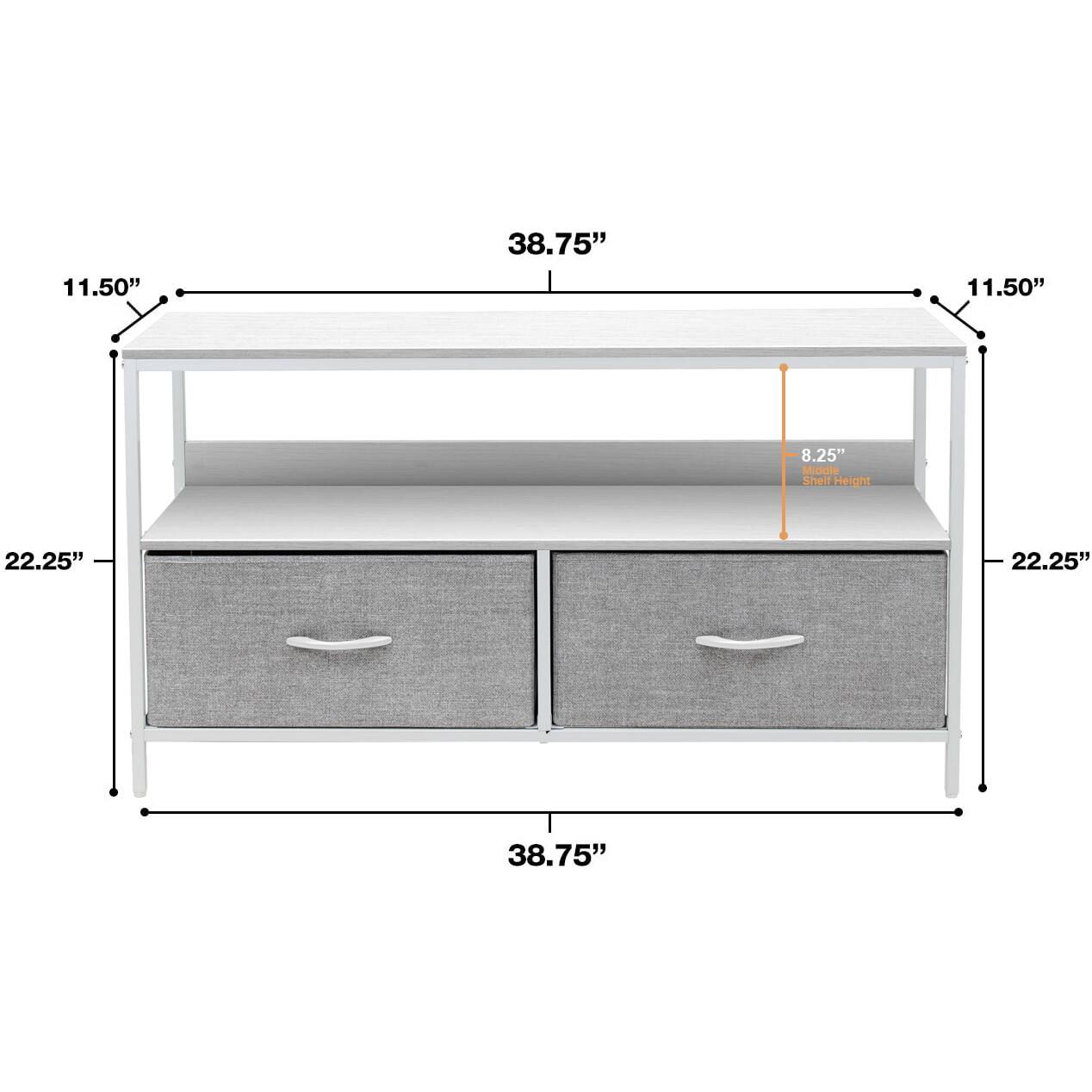 11.50"  
38.75"  
11.50"  
8.25"  
Middle Shelf Height  
22.25"  
22.25"  
38.75"