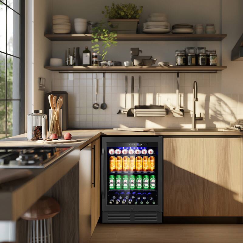 Alt View 1. HOOURE - 23.4 in. Single Zone 180-Cans Built-In/Freestanding Beverage Cooler With Childproof Lock and 2 Keys In Black - Black.