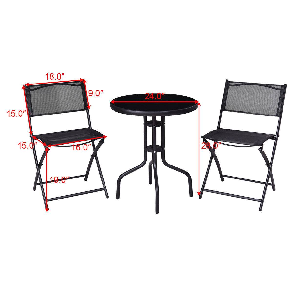 - Table: 24.0" diameter
- Chair 1: 18.0" (height), 9.0" (depth), 15.0" (width), 16.0" (seat width), 10.0" (leg width)
- Chair 2: 15.0" (height), 16.0" (seat width), 28.0" (leg width)