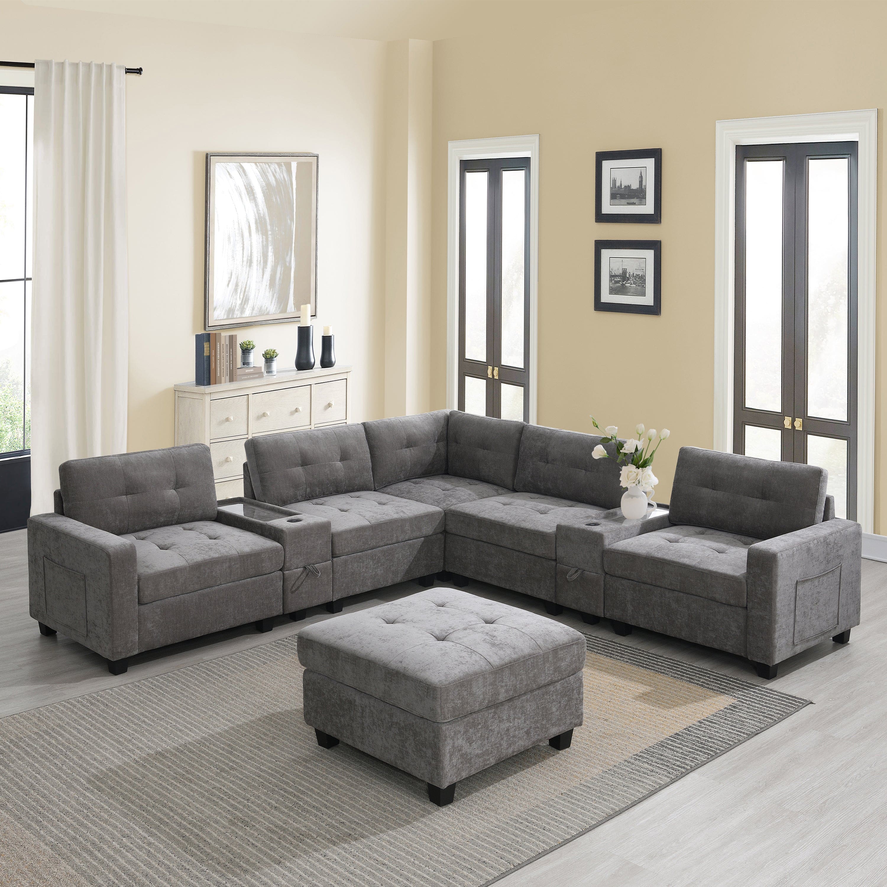 Boyel Living - 6 Seat Gray Chenille U Shaped Sectional Sofa with Two Consoles USB Charger Acrylic Table Top - Gray