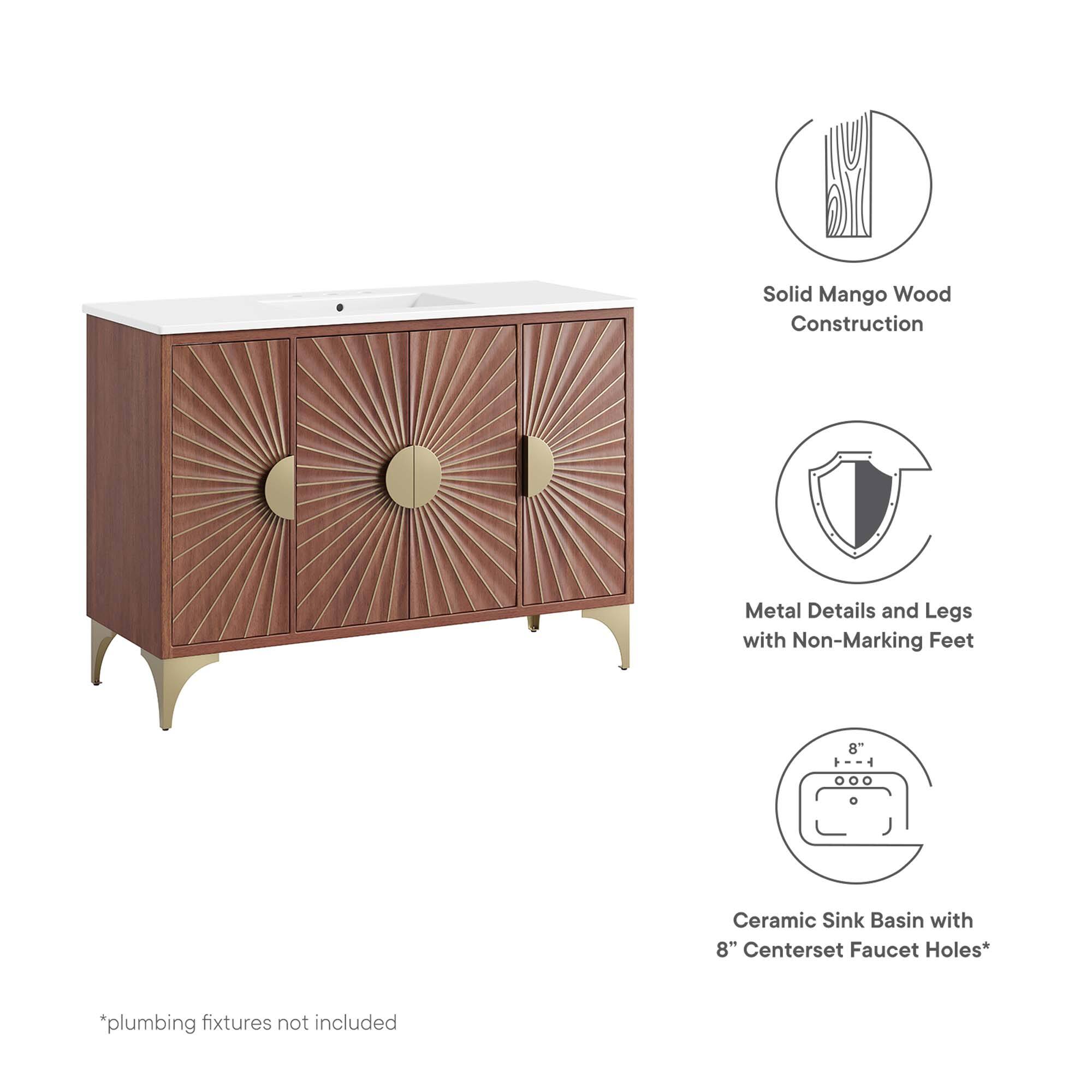 Solid Mango Wood Construction  
Metal Details and Legs with Non-Marking Feet  
8 Ceramic Sink Basin with 8" Centerset Faucet Holes*  
*plumbing fixtures not included