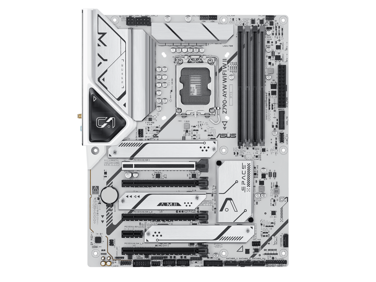 Sure, here is the corrected and grouped text from the image:

---

**ASUS**

**ROG STRIX Z790-A GAMING WIFI**

**LGA1700**

**CPU_FAN**

**PUMP_FAN**

**CHA_FAN1**

**CHA_FAN2**

**CHA_FAN3**

**CHA_FAN4**

**SYS_FAN**

**AURA RGB**

**USB 3.2 Gen 2x2 Type-C**

**USB 3.2 Gen 2 Type-A**

**USB 3.2 Gen 1 Type-A**

**USB 2.0 Type-A**

**HDMI 2.0**

**DP 1.4**

**PCIe x16 (x16) (PCIEX16(05))**

**PCIe x16 (x4) (PCIEX16(04))**

**PCIe x1 (PCIEX1(03))**

**M.2_1_SOCKET**

**M.2_2_SOCKET**

**SATA6G_1**

**SATA6G_2**

**SATA6G_3**

**SATA6G_4**

**SATA6G_