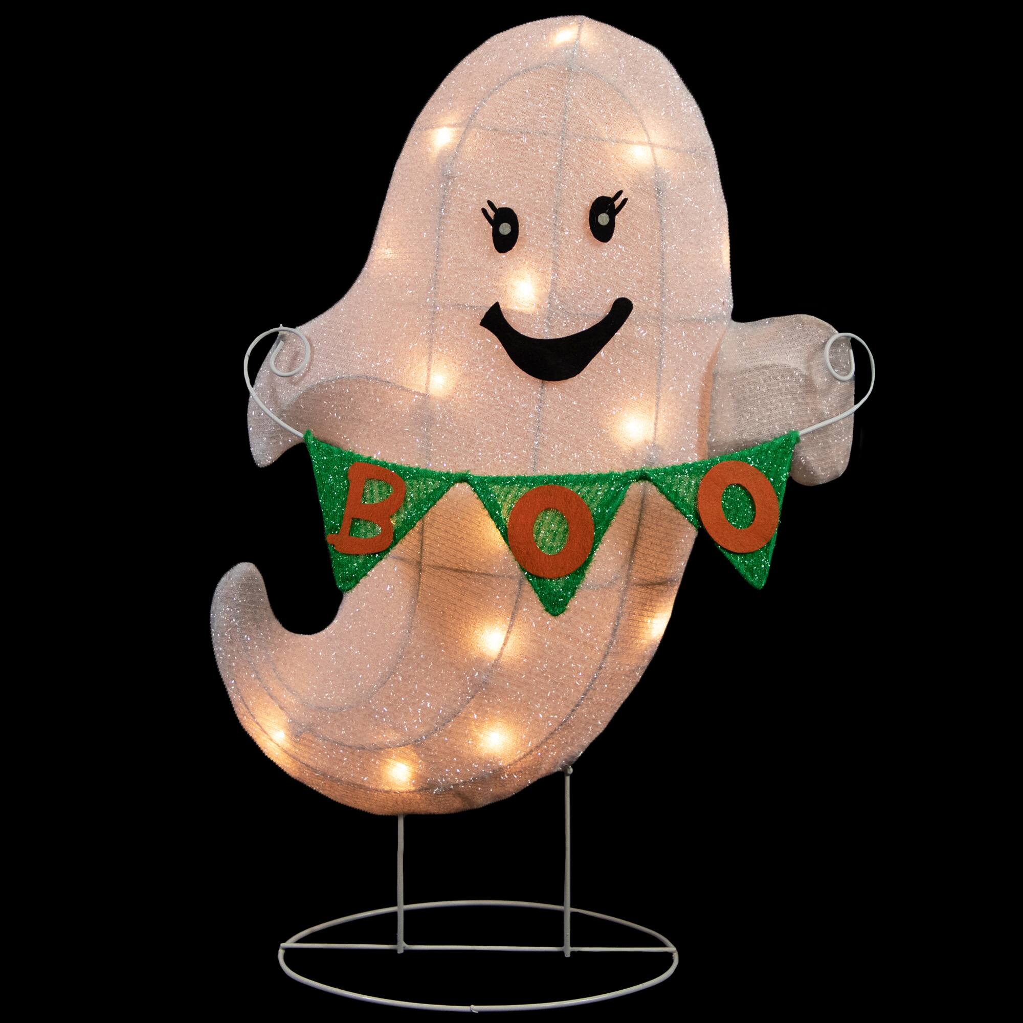 Front. Northlight - LED Ghost with "Boo" Banner Halloween Yard Decoration - 25" - Warm White Lights - White.