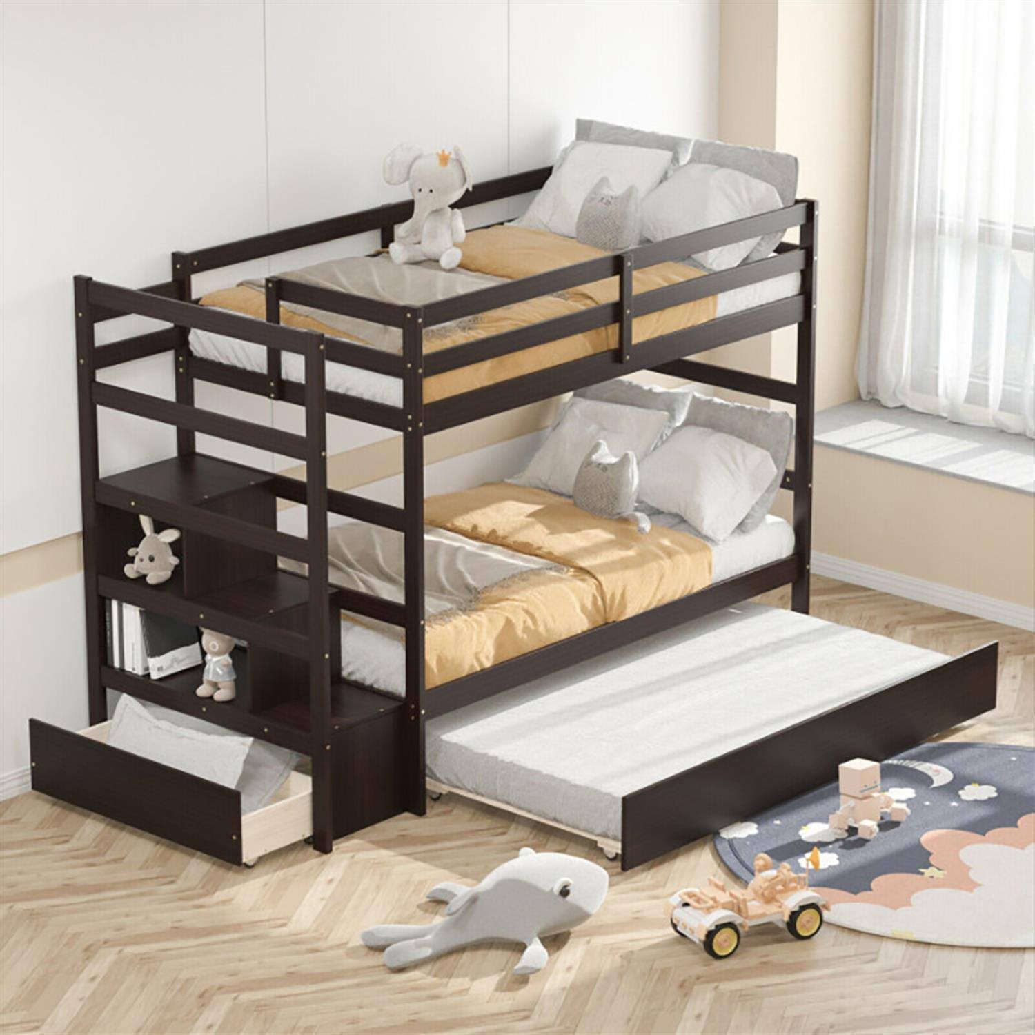 Left. Pefilos - Twin Pull-Out Bunk Beds with Ladder in the Steps and a Trundle, Bunk Bed Platform with Storage Shelf and Drawer - Brown.