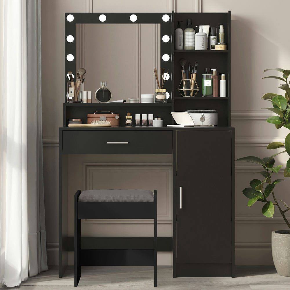 Alt View 3. Kadyn - Vanity Desk with Illuminated Mirror and 3-Tier Drawer Storage - Black - Black.