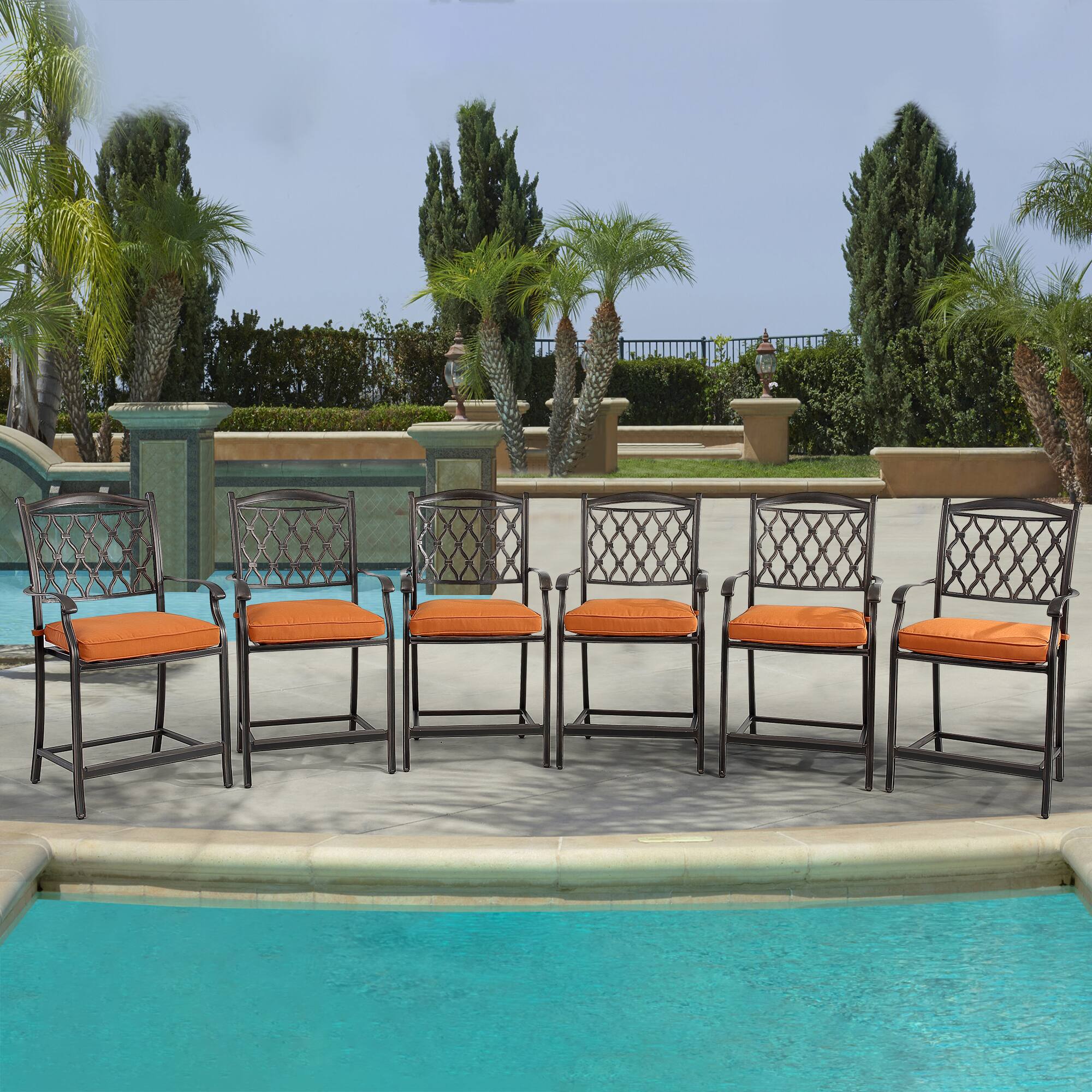 Left. Mondawe - 6 Pieces Cast Aluminum Diamond-Mesh Curved Backrest Dining Bar High Chairs - Black.