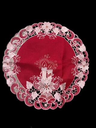 Front. Jiallo - Poinsettia Embroidered Cutwork Round Placemat, 23-Inch diameter Table Linen - Red.