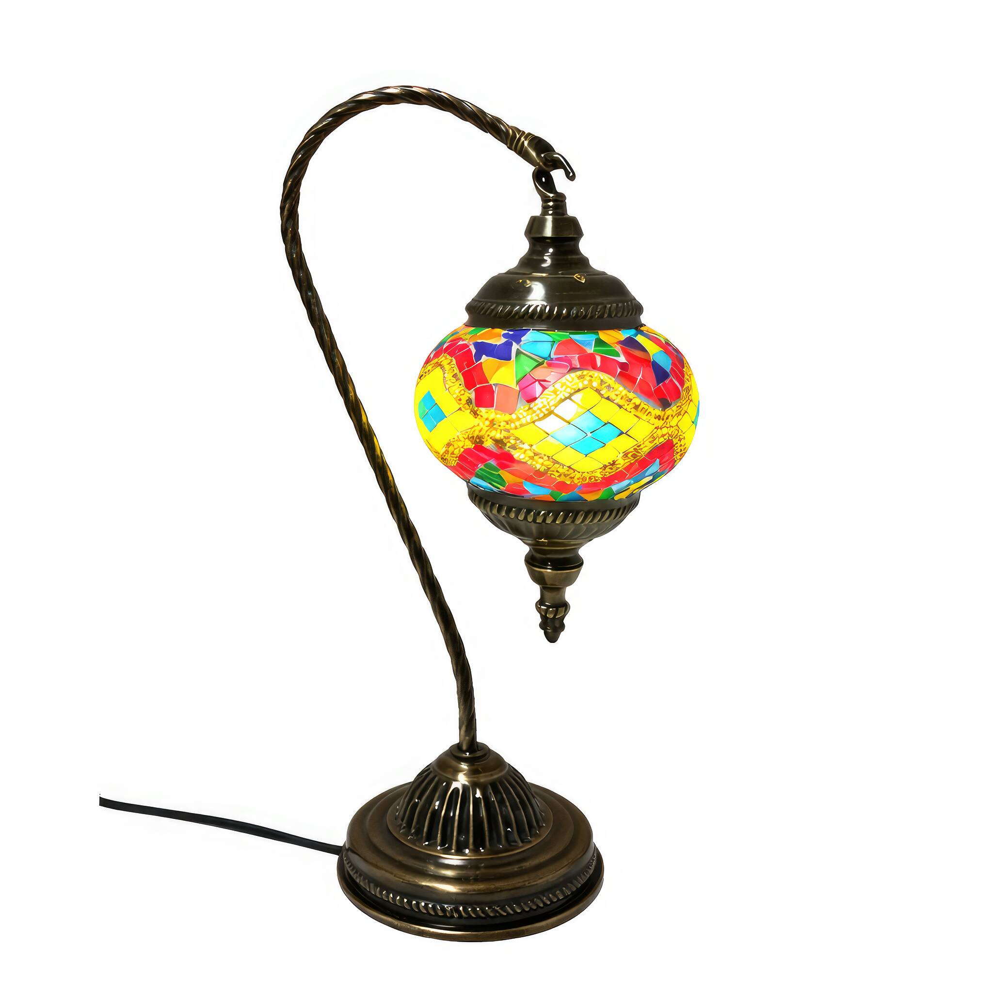 Angle. FC Design - 15"H Bronze Swan Base Kilim Red–Green Mosaic Turkish Lamp.