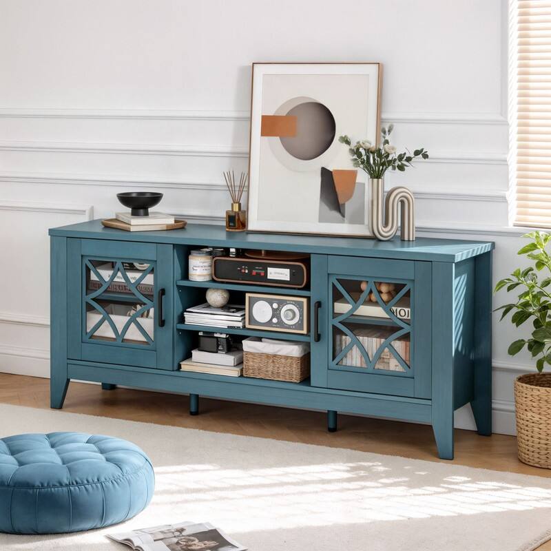 Angle. WELLFOR - Farmhouse TV Stand for TVs up to 65", Entertainment Center Console Table with Adjustable Shevles & Glass Door - Blue.
