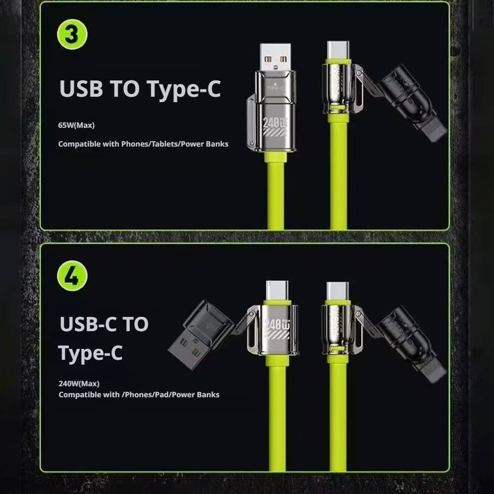 3 USB TO Type-C 65W(Max) Compatible with Phones/Tablets/Power Banks

4 USB-C TO Type-C 240W(Max) Compatible with Phones/Pad/Power Banks