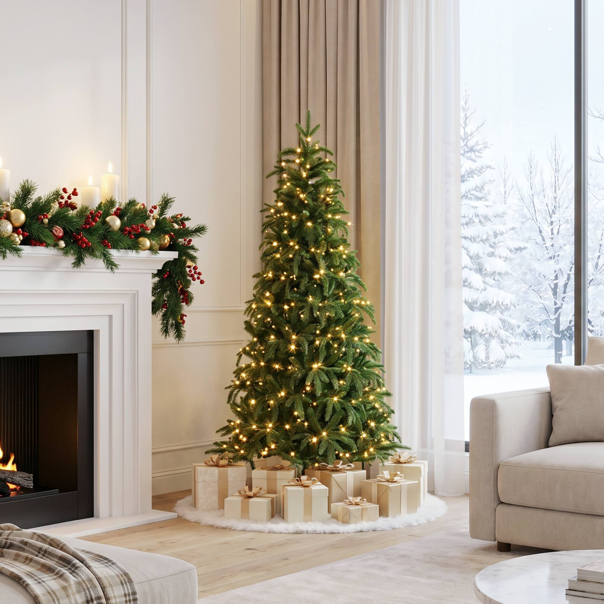Alt View 9. Glitzhome - 6ft Pre-Lit Green Slim Fir Artificial Christmas Tree with 250 Warm White and Multi-Color Lights - Green.