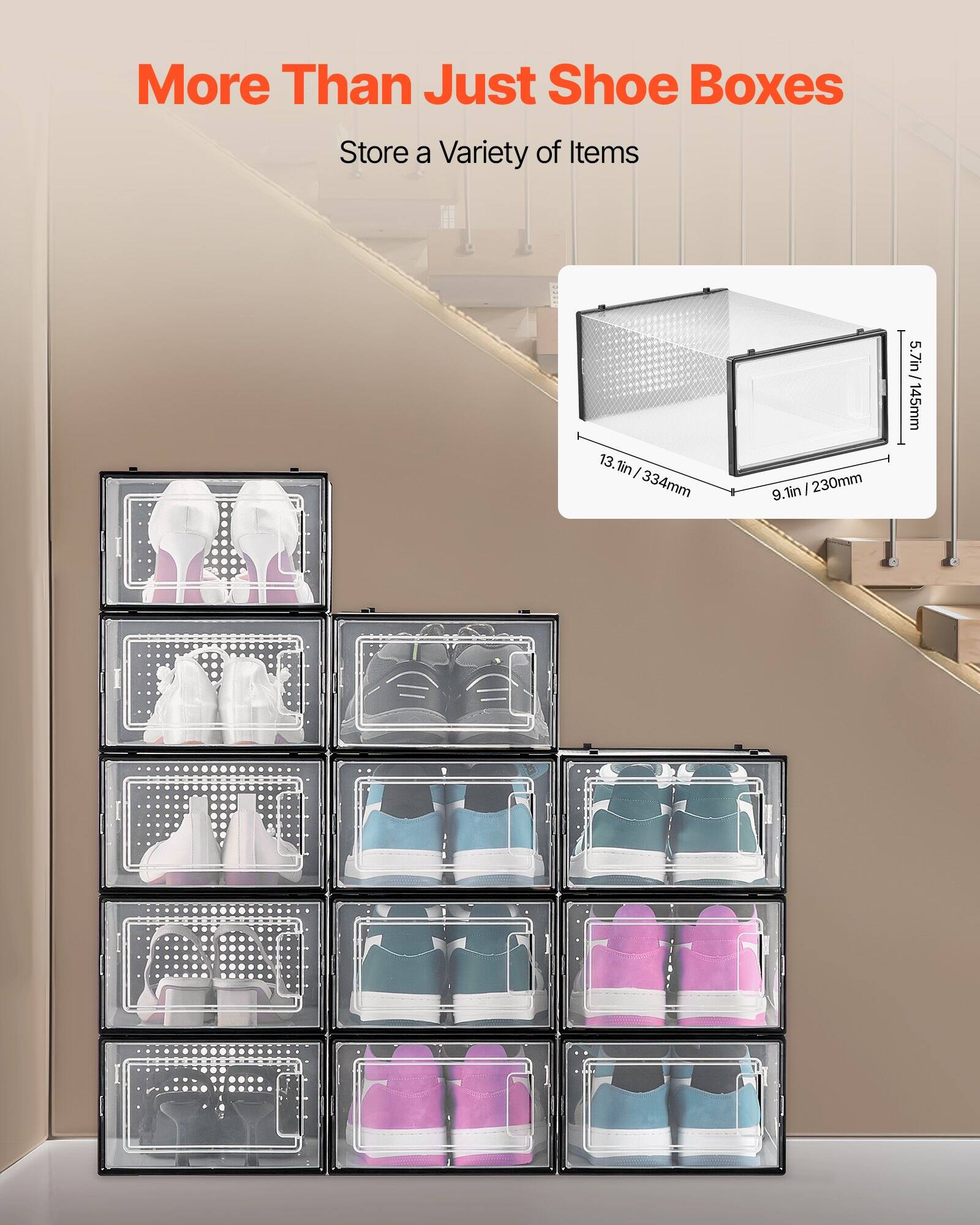 More Than Just Shoe Boxes  
Store a Variety of Items  

13.1in / 334mm  
9.1in / 230mm  
5.7in / 145mm