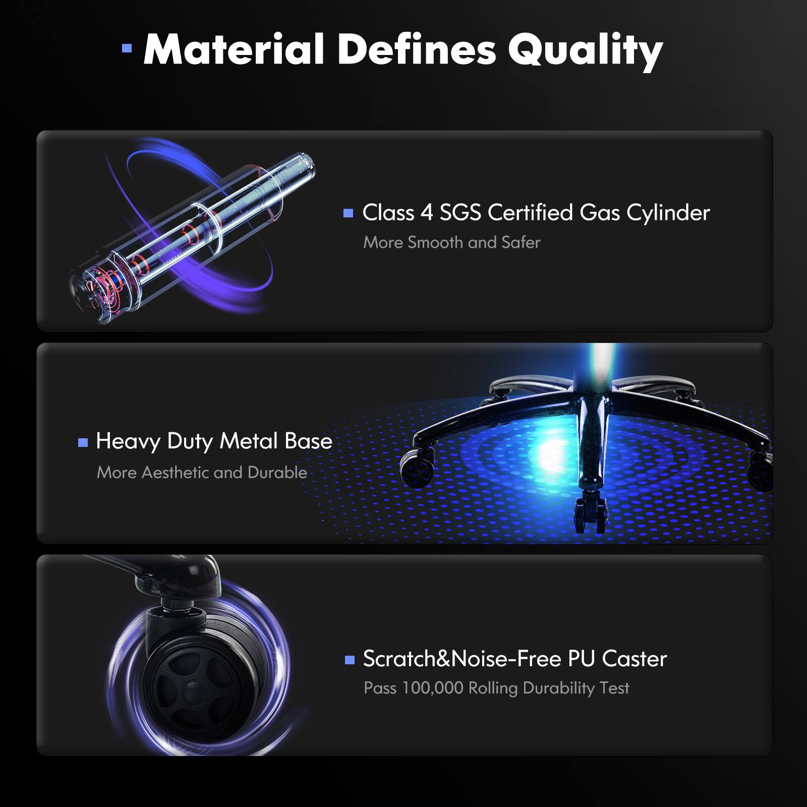 Material Defines Quality Class 4 SGS Certified Gas Cylinder More Smooth and Safer Heavy Duty Metal Base More Aesthetic and Durable Scratch&Noise-Free PU Caster Pass 100,000 Rolling Durability Test