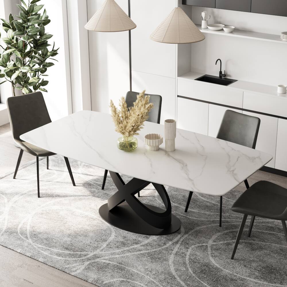 Left. POVISON - 71"Modern White Dining Table for 6 (In Stock), Matte Sintered Stone Tabletop, Solid Black Carbon Steel Base - White & Black.