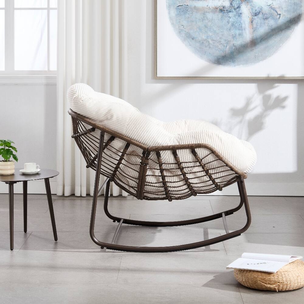 Back. Loheer - Loheer Outdoor Rattan Rocking Chair Padded Cushion Rocker Recliner Oversized Egg Chair for Patio Porch Living Room White - White.