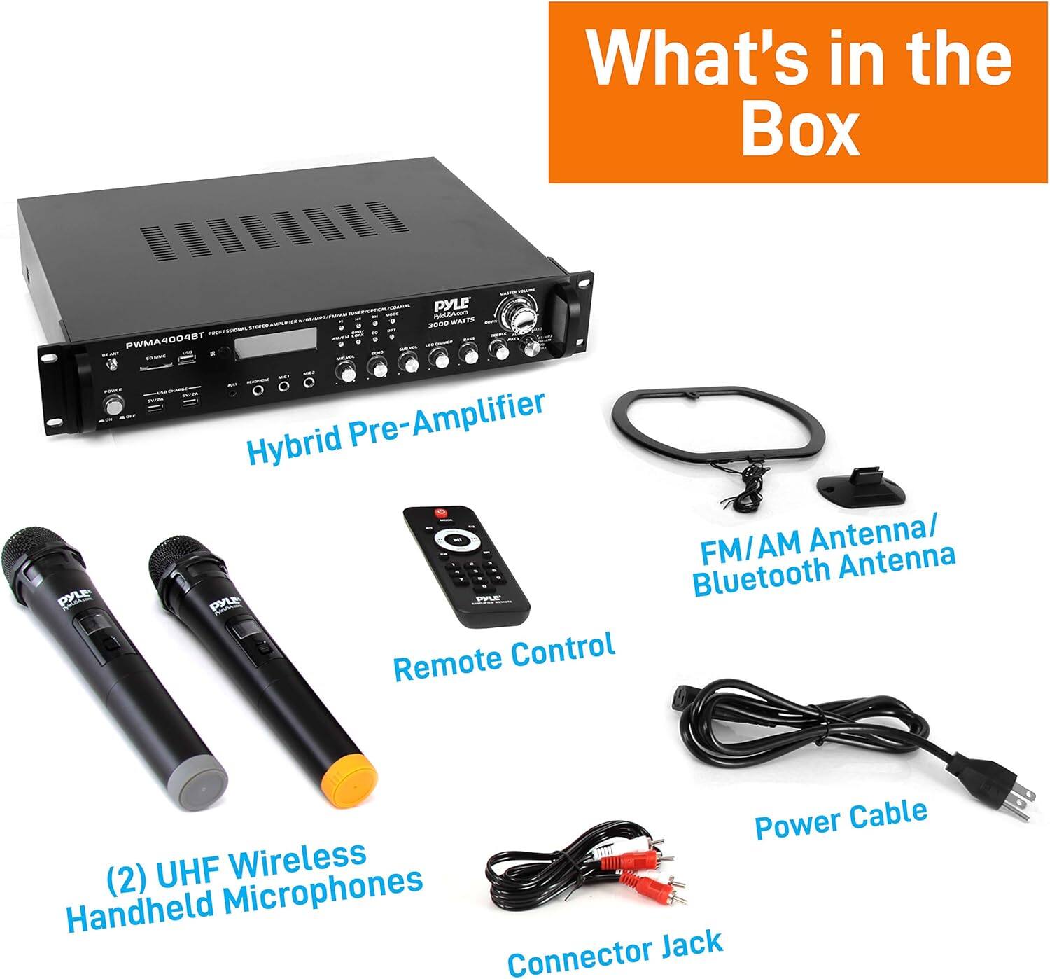 What's in the Box

- Hybrid Pre-Amplifier
- (2) UHF Wireless Handheld Microphones
- Remote Control
- FM/AM Antenna/Bluetooth Antenna
- Power Cable
- Connector Jack