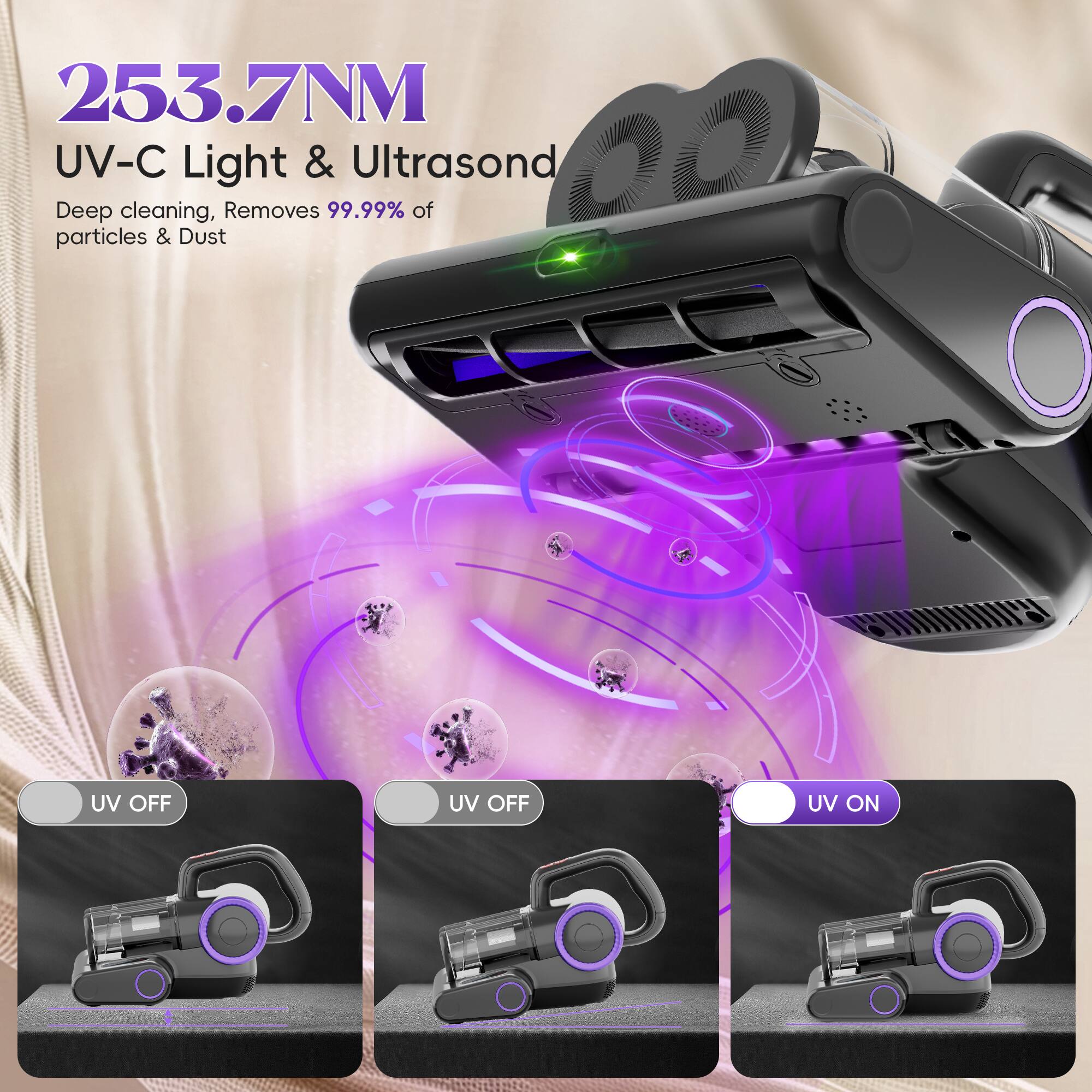 253.7NM  
UV-C Light & Ultrasonic  
Deep cleaning, Removes 99.99% of particles & Dust  

UV OFF  
UV OFF  
UV ON