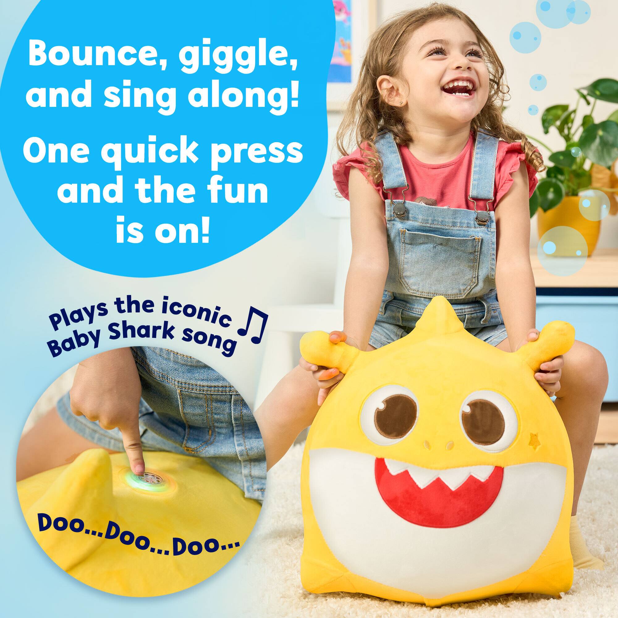 Bounce, giggle, and sing along!  
One quick press and the fun is on!  

Plays the iconic Baby Shark song  
Doo...Doo...Doo... Doo... Doo... Doo...