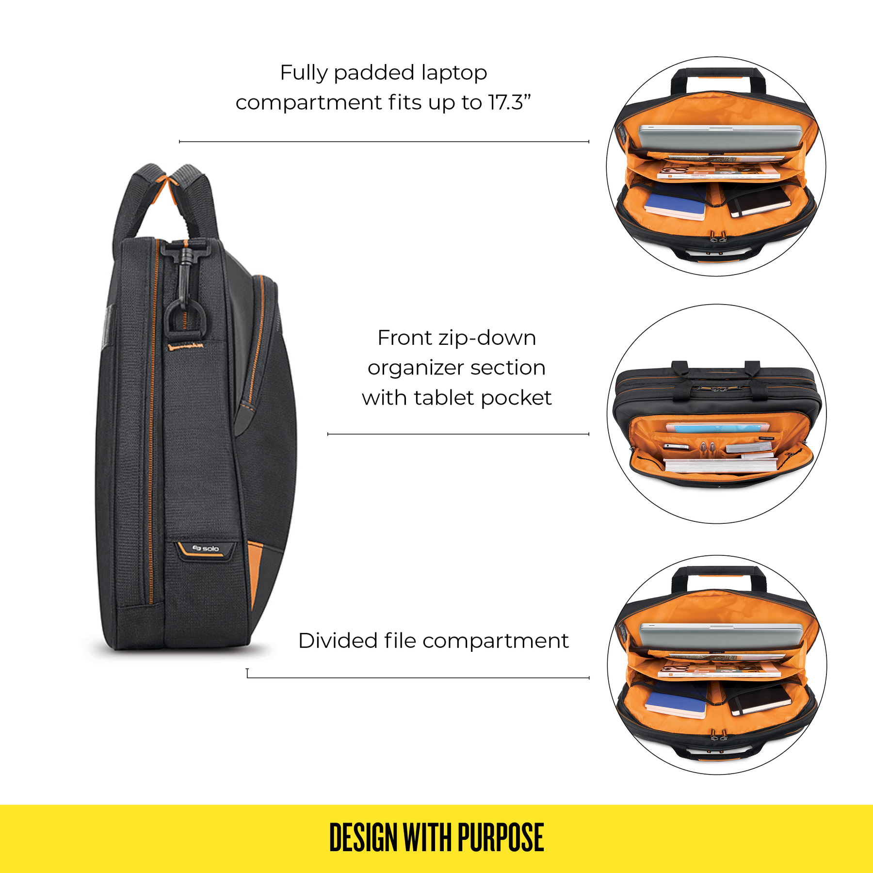 Fully padded laptop compartment fits up to 17.3" Front zip-down organizer section with tablet pocket Design with purpose