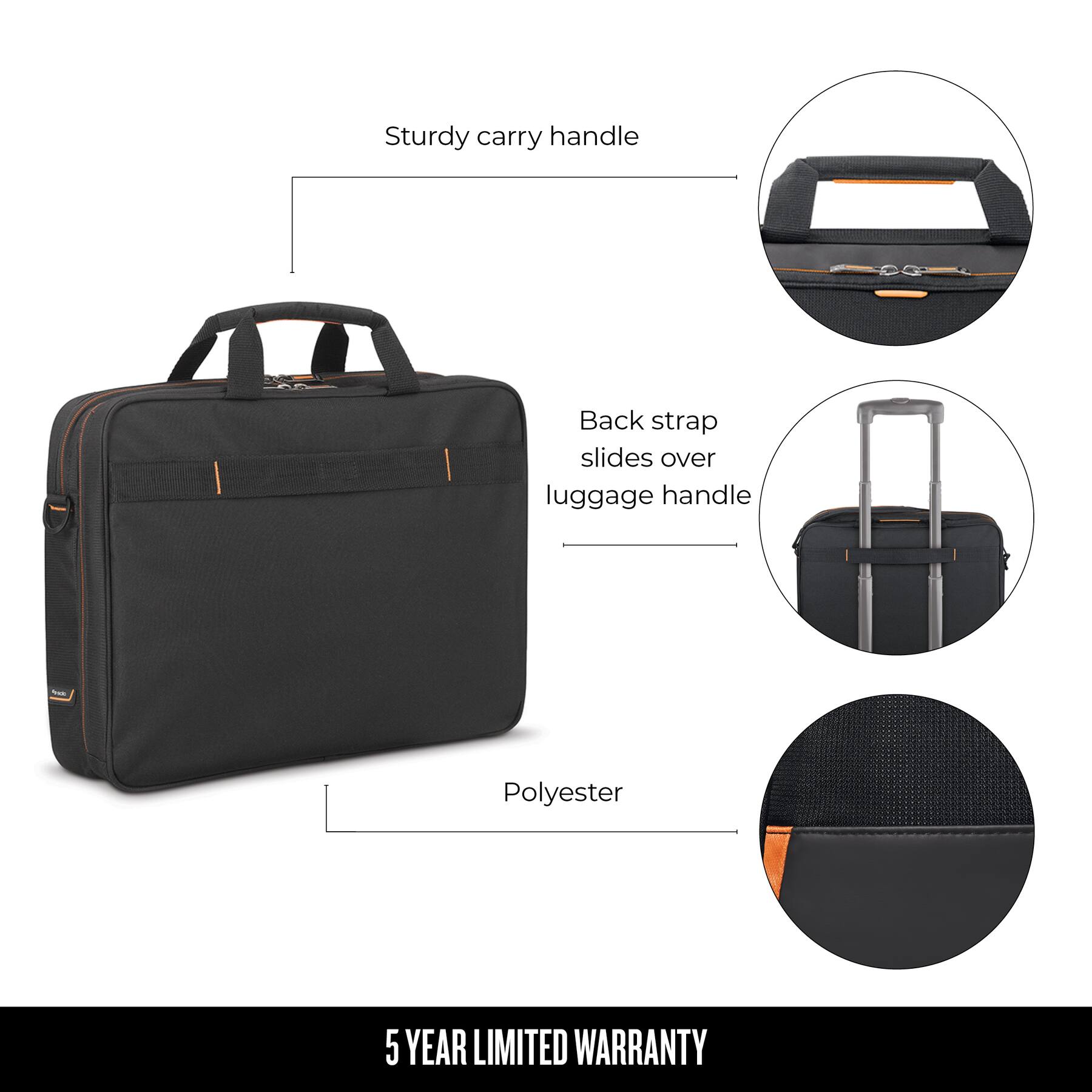 The text on the image is grouped as follows:
1. Sturdy carry handle: This refers to the handle on the suitcase that allows for easy transportation.
2. Back strap: This is a strap that can be attached to the suitcase handle, providing additional support and security when carrying the suitcase.
3. Slides over luggage handle: This refers to the back strap's ability to slide over the handle of the suitcase, making it convenient to carry.
4. Polyester: This is the material used for the suitcase, which is known for its durability and resistance to wear and tear.
5. 5 YEAR LIMITED WARRANTY: This indicates that the suitcase comes with a 5-year warranty, providing the owner with protection and peace of mind in case of any defects or issues with the product.