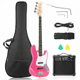 Winado - Electric Kjazz Bass Guitar with 20W AMP | 4 String Bass Guitar Kit Includes AMP, Bag, Shoulder Strap, Guitar Pick - Pink